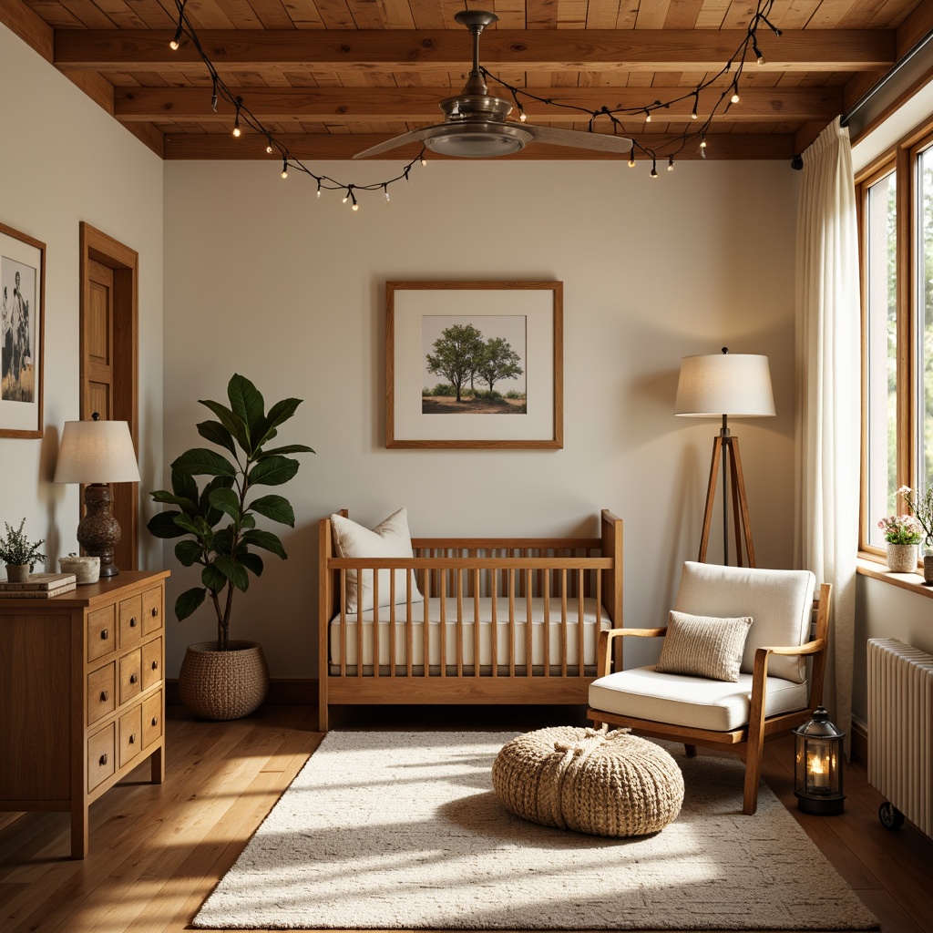 Prompt: Cozy Craftsman-style nursery, warm wood accents, soft cream walls, plush area rug, natural fiber furniture, vintage metal fixtures, earthy color palette, table lamps with linen shades, floor lamps with wooden bases, string lights with paper lanterns, warm white lighting, gentle glow, 1/2 composition, intimate atmosphere, soft focus, realistic textures.