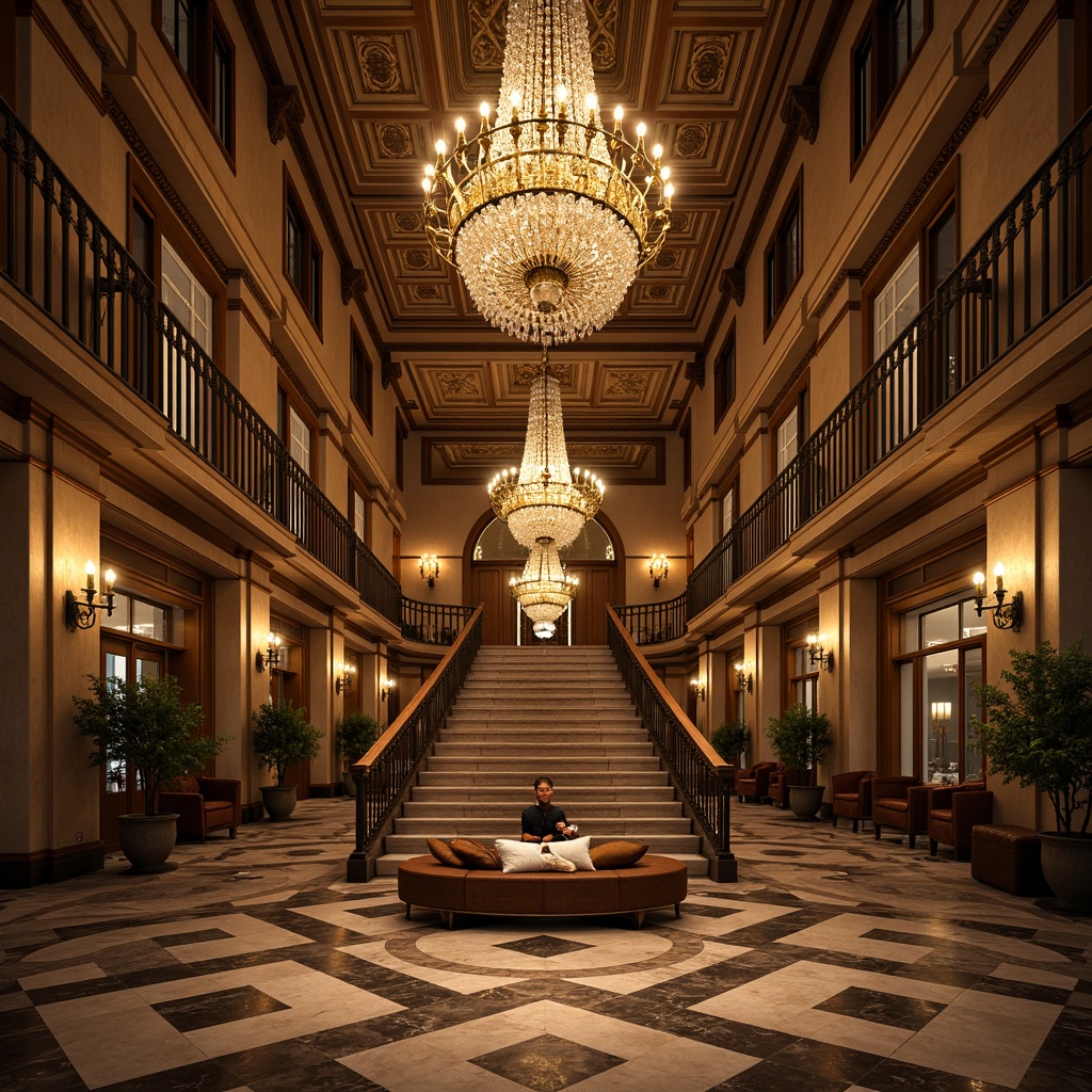 Prompt: Ornate chandeliers, crystal droplets, bronze fixtures, opulent lighting, grandiose staircases, marble floors, lavish furnishings, intricate carvings, classical columns, ornamental moldings, warm golden tones, soft ambient glow, subtle shadows, 1/2 composition, realistic textures, ambient occlusion.