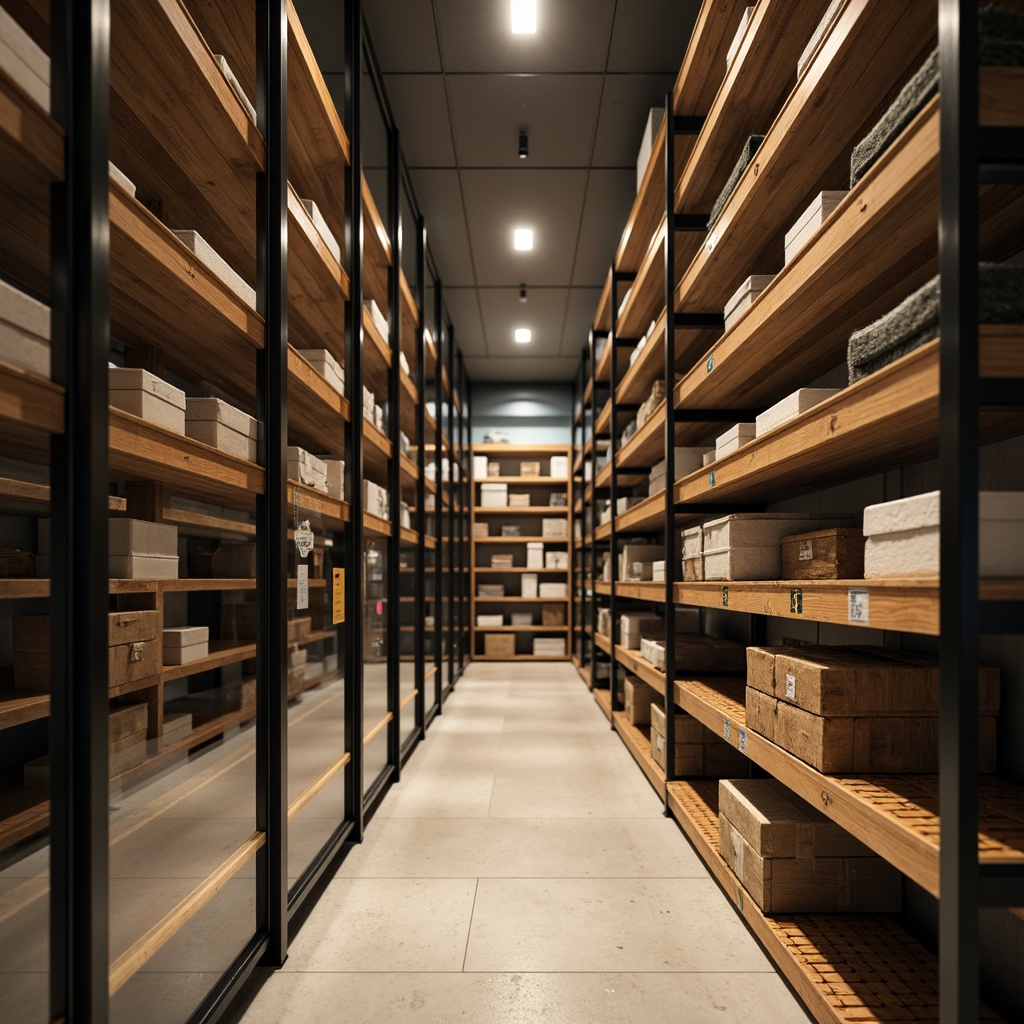 Prompt: Modern storage units, sleek metal frames, sliding glass doors, minimalistic design, polished wooden shelves, adjustable compartments, smart storage systems, automated inventory management, efficient use of space, clutter-free environment, soft warm lighting, shallow depth of field, 3/4 composition, realistic textures, ambient occlusion.