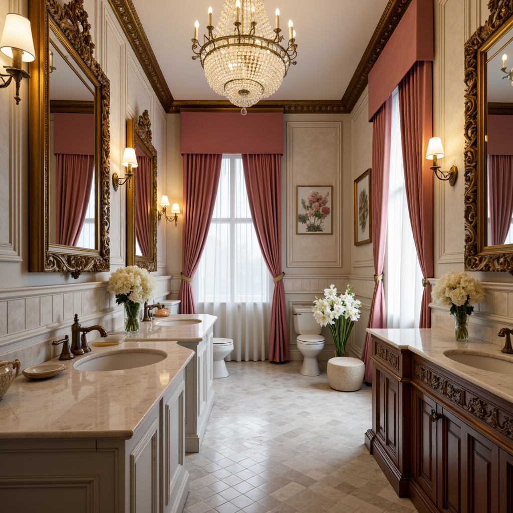 Prompt: Elegant powder room, ornate mirrors, crystal chandeliers, marble countertops, gilded frames, velvet drapes, soft pastel colors, luxurious fabrics, intricate moldings, classic pedestal sinks, antique bronze faucets, carved wooden cabinets, subtle warm lighting, shallow depth of field, 1/1 composition, realistic textures, ambient occlusion.