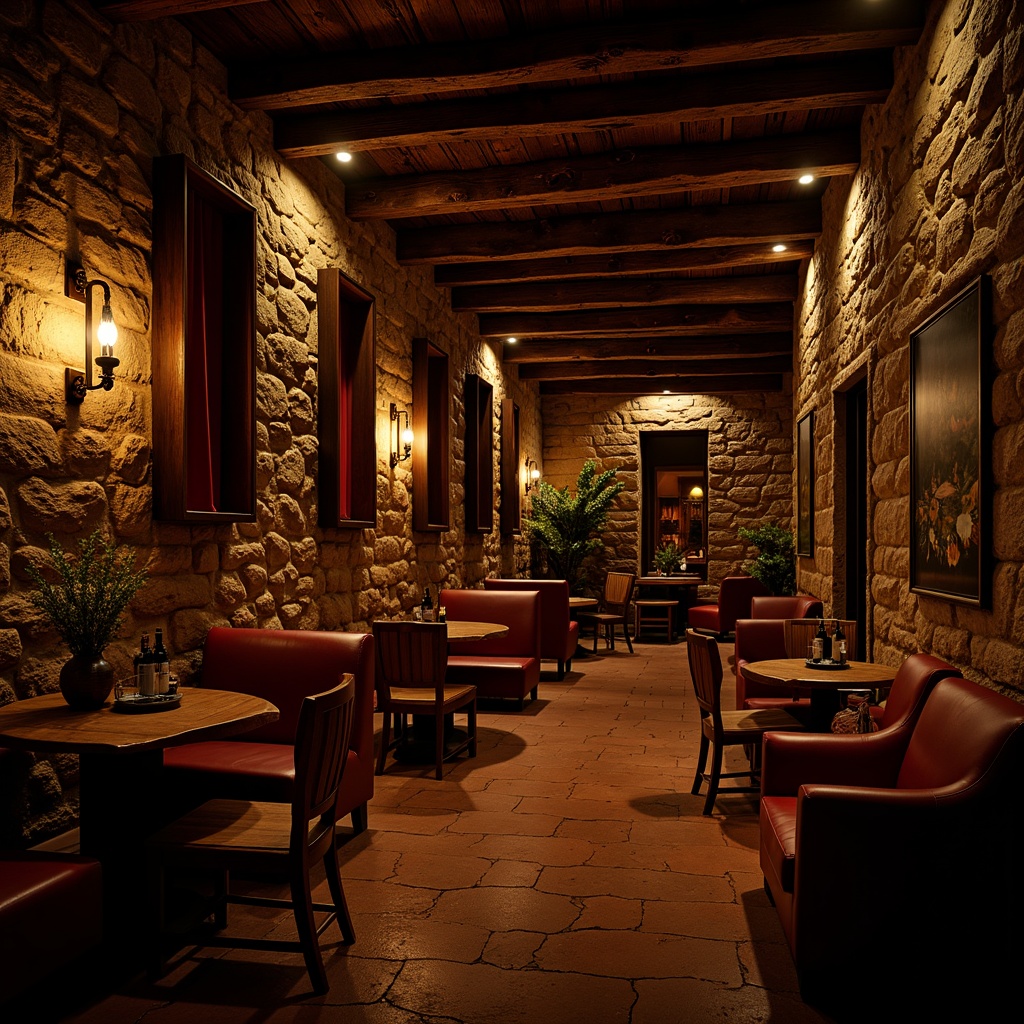 Prompt: Richly textured stone walls, dark wooden accents, dimly lit atmospheric lighting, ornate metalwork, rustic wooden barrels, vintage wine bottles, earthy terracotta floors, warm golden hues, deep crimson reds, rich burgundy tones, velvety black backgrounds, dramatic shadows, mysterious ambiance, Old World charm, luxurious feel, opulent decor, lavish furnishings, intimate seating areas, soft warm glow, low-key backlighting, cinematic composition, moody color grading.