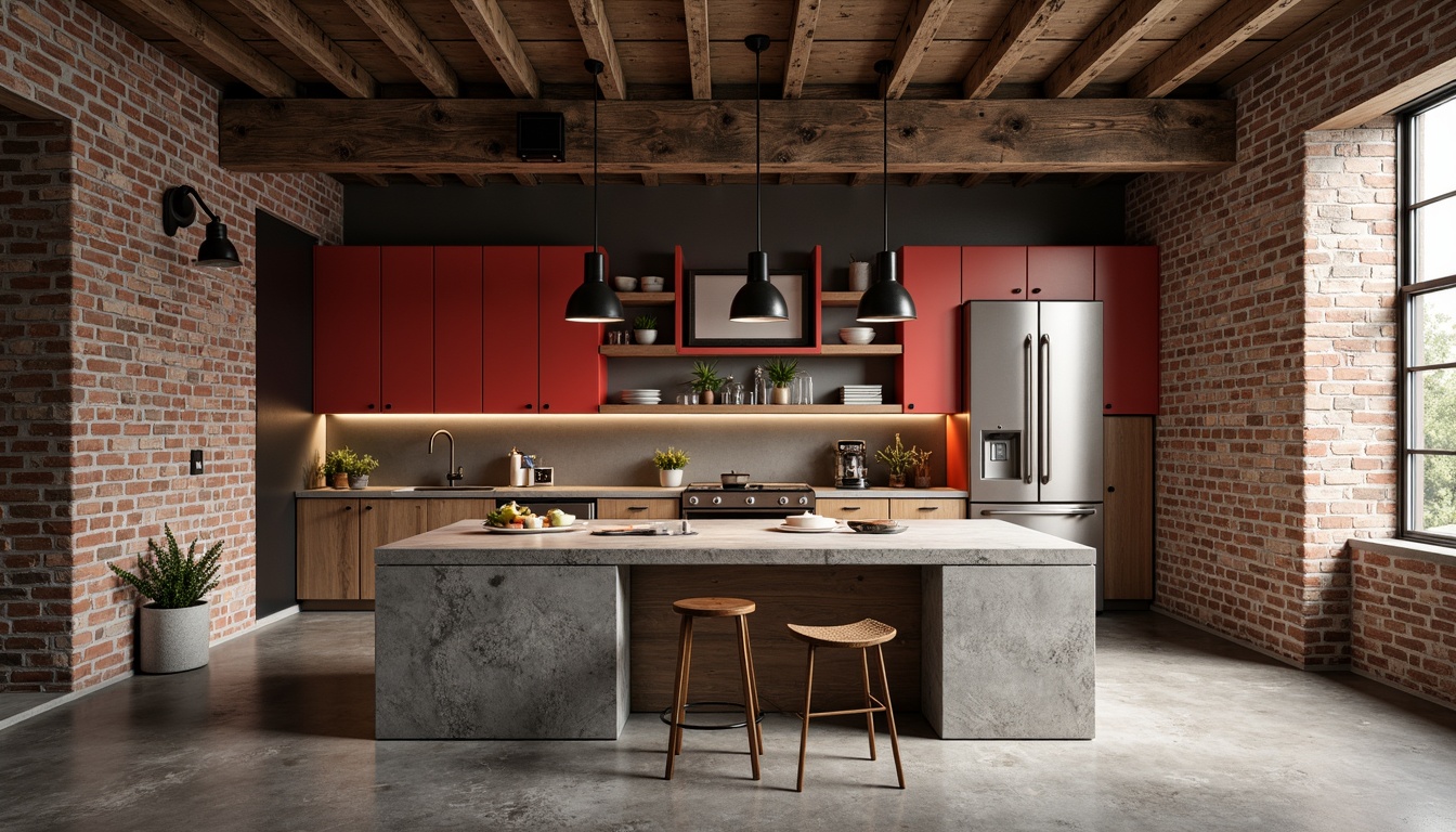 Prompt: Rough-hewn stone countertops, exposed brick walls, reclaimed wood cabinetry, industrial metal hardware, distressed concrete flooring, bold color accents, minimalist decor, urban loft atmosphere, warm ambient lighting, shallow depth of field, 3/4 composition, realistic textures, ambient occlusion.