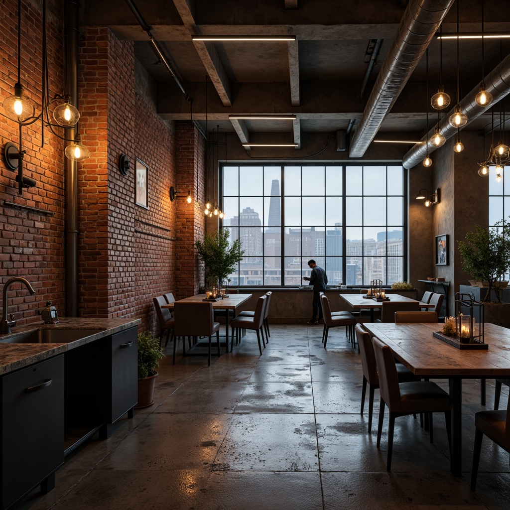 Prompt: Exposed brick walls, metal beams, reclaimed wood floors, industrial-style lighting fixtures, distressed concrete textures, urban cityscape views, converted warehouse spaces, modern minimalist decor, functional metal pipes, Edison bulb lamps, polished steel surfaces, geometric metal accents, brutalist architecture, atmospheric misty ambiance, high-contrast dramatic lighting, 1/1 composition, realistic metallic reflections.