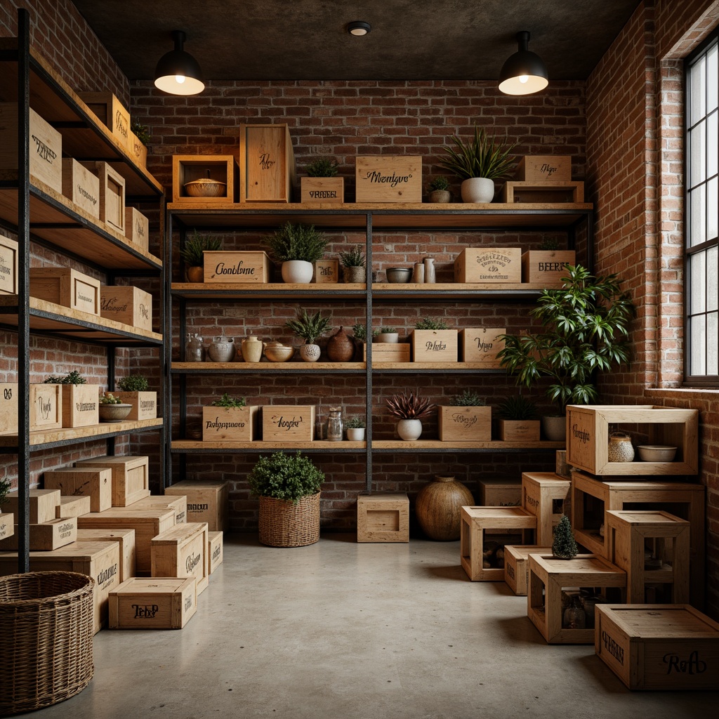 Prompt: Cozy storage room, wooden crates, rusty metal shelves, distressed brick walls, vintage industrial lighting, earthy tone concrete floors, rough-hewn wood accents, woven wicker baskets, soft warm beige tones, ambient occlusion, subtle grain textures, 1/1 composition, realistic renderings.