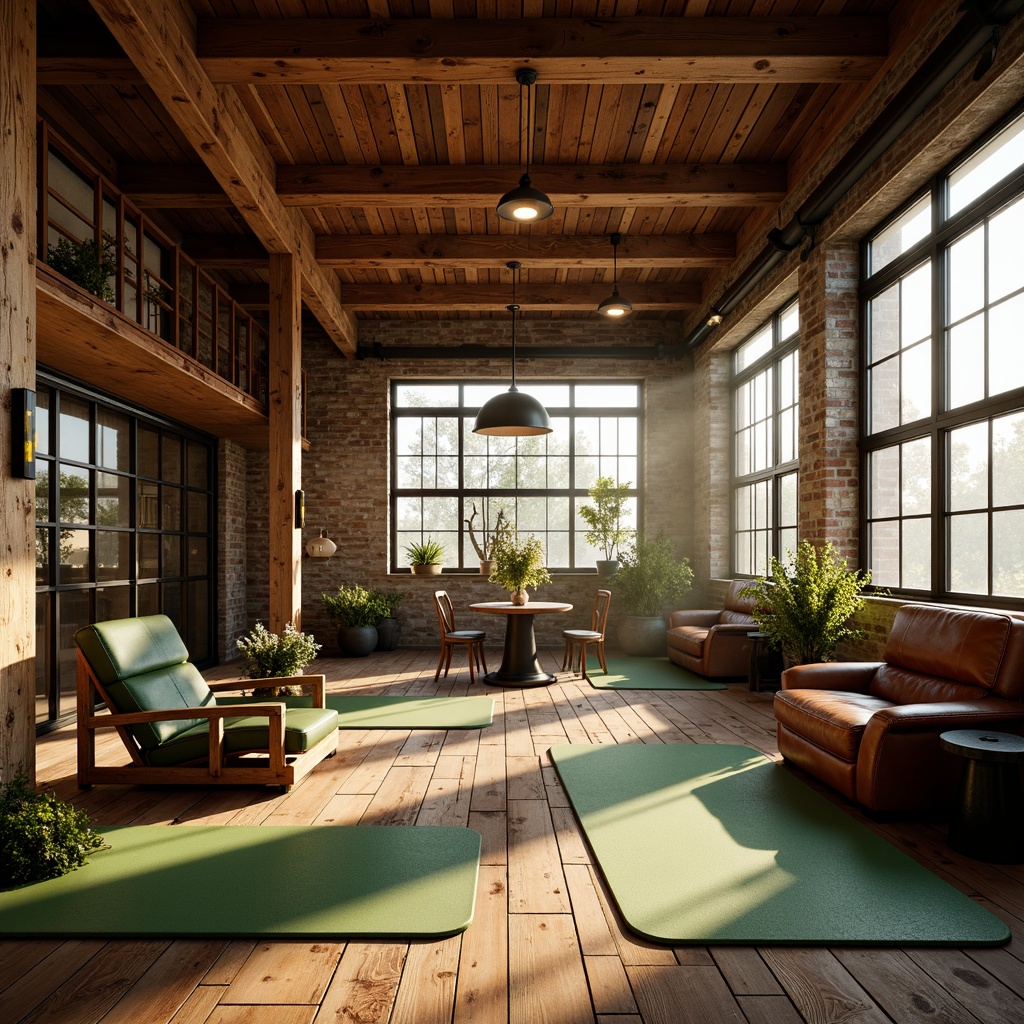 Prompt: Rustic wooden beams, earthy color palette, warm natural lighting, plush green exercise mats, vintage metal equipment, distressed wood accents, rich leather upholstery, industrial-chic steel frames, exposed brick walls, reclaimed wood flooring, soft golden lighting, 1/2 composition, realistic textures, atmospheric misting.