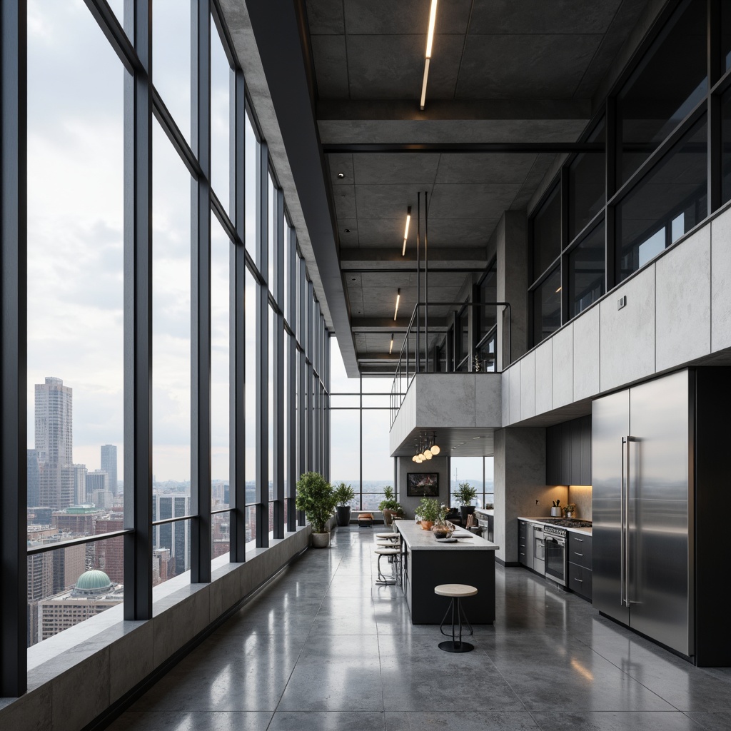 Prompt: Polished chrome accents, brushed stainless steel surfaces, matte black metal frames, sleek aluminum panels, industrial-style exposed ductwork, modern minimalist interiors, luxurious high-rise apartments, urban cityscapes, cloudy skies, soft natural lighting, shallow depth of field, 3/4 composition, realistic metallic textures, ambient occlusion.