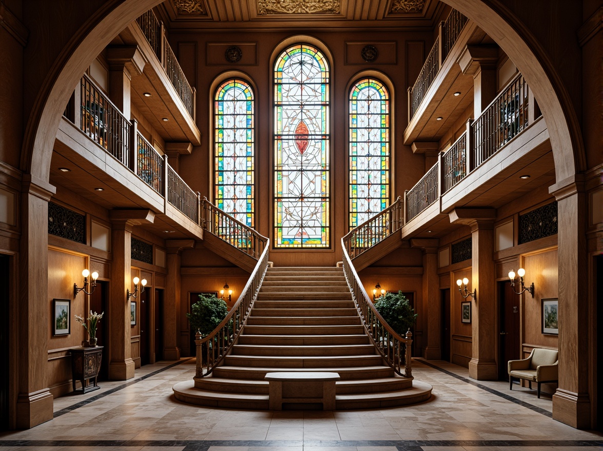 Prompt: Grand staircase, ornate balustrades, intricate handrails, stained glass panels, vibrant colorful patterns, geometric shapes, Art Nouveau style, luxurious materials, marble floors, crystal chandeliers, soft warm lighting, dramatic shadows, 1/1 composition, realistic reflections, ambient occlusion, detailed textures, majestic atmosphere.