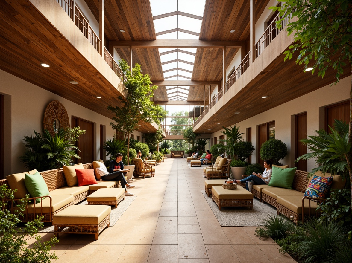 Prompt: Vibrant student hall, tropical style architecture, warm natural lighting, bright ceiling windows, wooden accents, rattan furniture, lush greenery, exotic plants, colorful textiles, woven bamboo decorations, cozy reading nooks, soft warm ambiance, morning sunlight, diffused shadows, 1/1 composition, realistic textures, ambient occlusion, warm color palette, earthy tone materials.