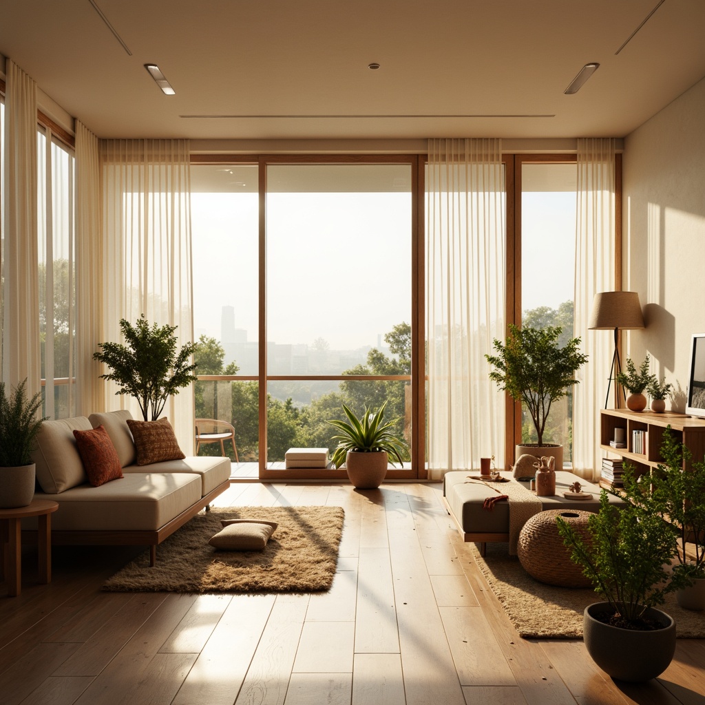 Prompt: Warm inviting interior, abundant natural light, floor-to-ceiling windows, minimal window frames, sheer white curtains, polished wooden floors, creamy walls, comfortable furniture, plush area rugs, vibrant greenery, potted plants, soft warm lighting, shallow depth of field, 1/1 composition, realistic textures, ambient occlusion.