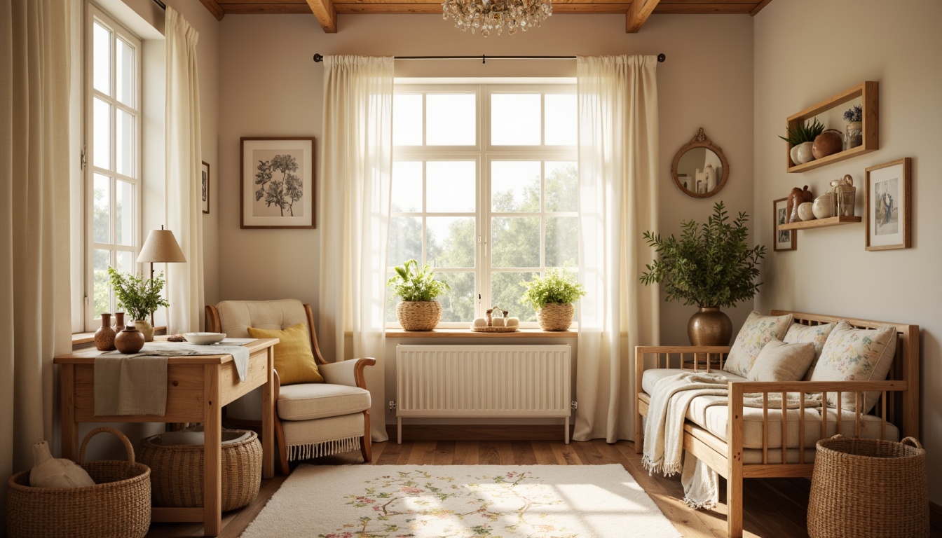 Prompt: Cozy nursery, natural wood accents, soft pastel colors, vintage fabrics, floral patterns, delicate lace trim, woven baskets, rustic wooden furniture, plush area rugs, warm beige walls, creamy white curtains, billowy drapes, subtle sheer panels, gentle filtered light, warm golden lighting, shallow depth of field, 1/1 composition, intimate atmosphere.