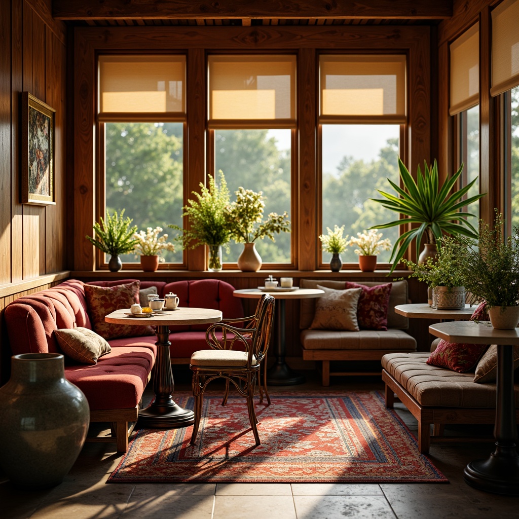 Prompt: Cozy breakfast nook, warm wooden tones, plush velvet cushions, ornate metal chairs, elegant ceramic vases, fresh flowers, natural stone flooring, soft golden lighting, intimate seating area, rustic wooden tables, decorative wall art, vibrant colorful rugs, lush greenery, sunny morning atmosphere, shallow depth of field, 3/4 composition, panoramic view.