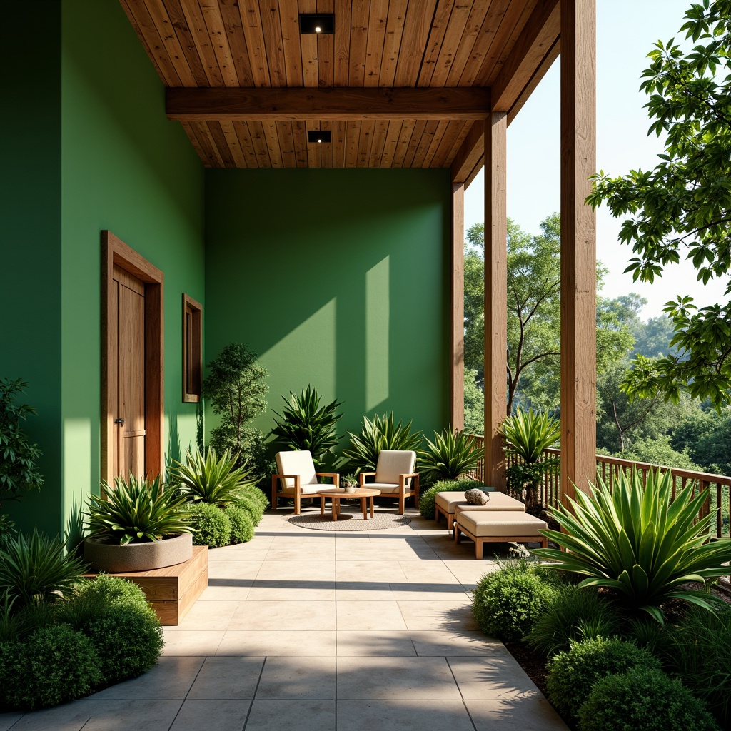 Prompt: Vibrant green walls, lush foliage, tropical plants, natural stone flooring, wooden accents, earthy tones, cozy nooks, floor-to-ceiling windows, abundant sunlight, soft warm lighting, shallow depth of field, 3/4 composition, panoramic view, realistic textures, ambient occlusion.