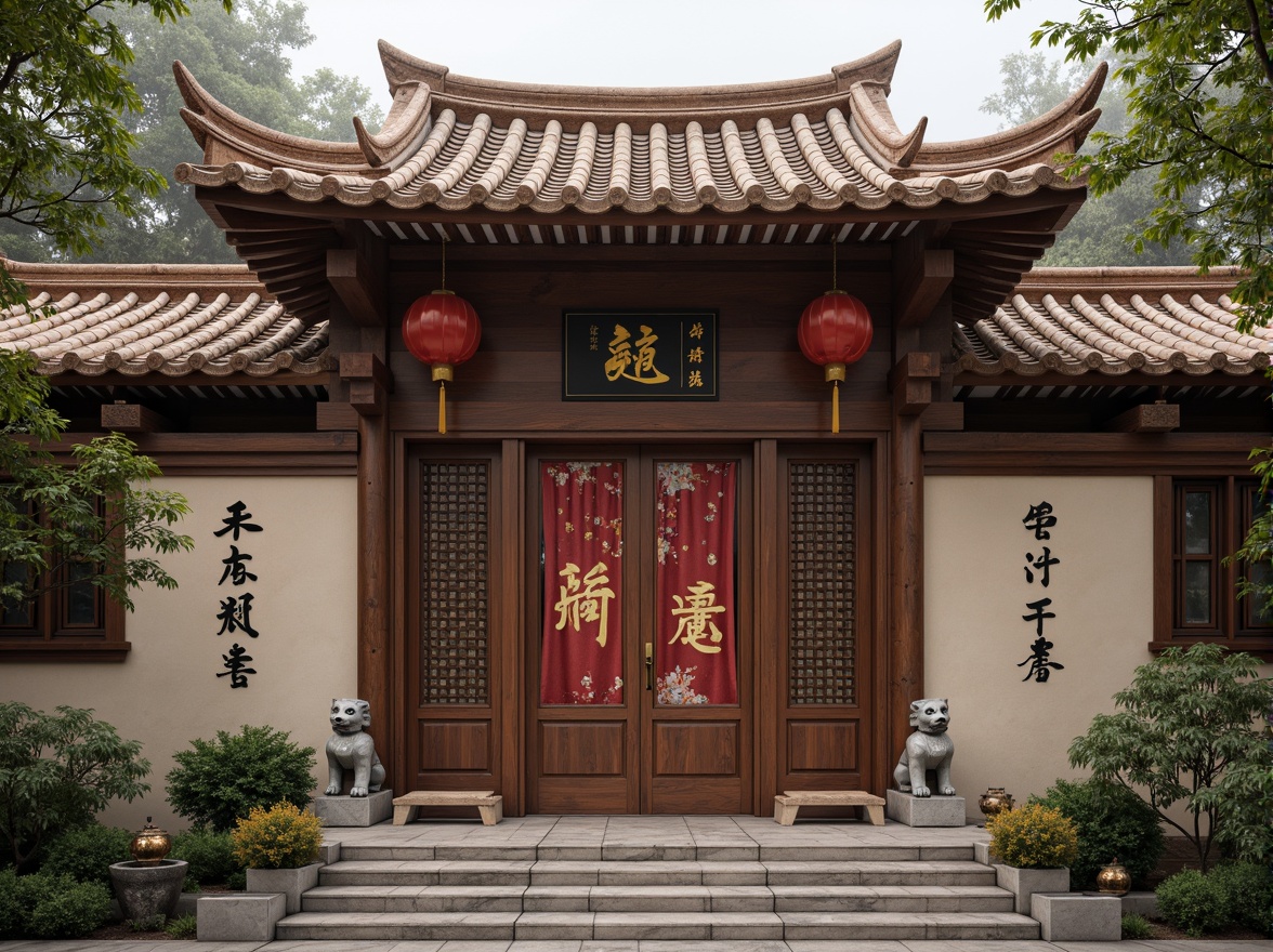 Prompt: Traditional Chinese architecture, intricately carved wooden doors, ornate ceramic roof tiles, majestic stone lions, vibrant red lanterns, delicate silk fabrics, rich brown wood tones, subtle golden accents, soft cream walls, elegant black calligraphy, serene natural surroundings, misty morning atmosphere, warm diffused lighting, 1/1 composition, intimate framing, realistic textures, ambient occlusion.