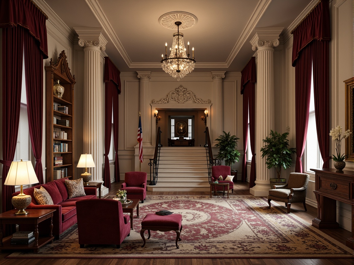 Prompt: Luxurious velvet fabrics, ornate patterns, rich jewel tones, antique furniture, carved wooden accents, crystal chandeliers, elegant drapery, subtle texture contrasts, soft warm lighting, cozy reading nooks, classic column architecture, intricate moldings, grand entrance halls, sweeping staircases, refined neutral color palette, sophisticated interior design, timeless aesthetic appeal.