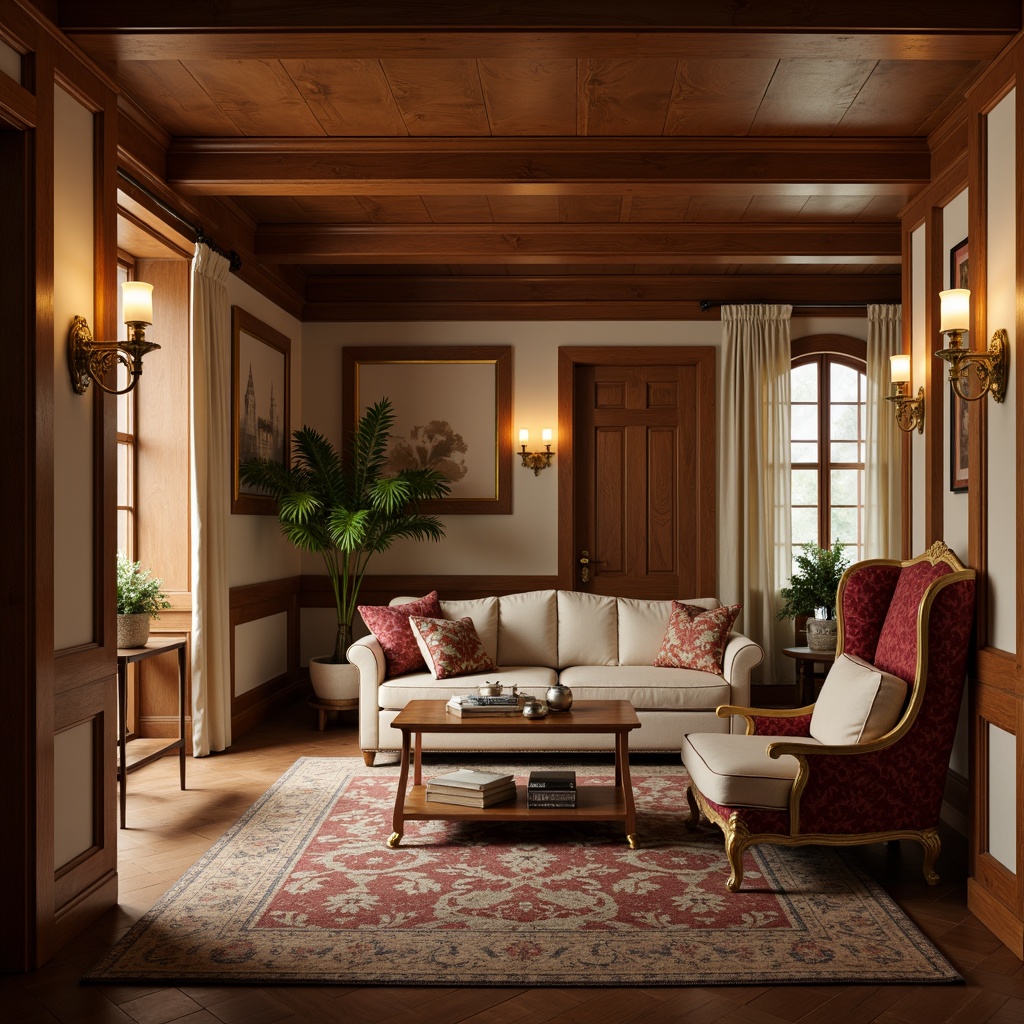 Prompt: Rich wood tones, ornate furnishings, classic patterns, warm beige walls, soft cream accents, elegant gold hardware, luxurious velvet fabrics, subtle floral motifs, refined ornamental details, intricate carvings, comforting candlelight, 1/2 composition, shallow depth of field, warm soft focus, traditional architectural elements.