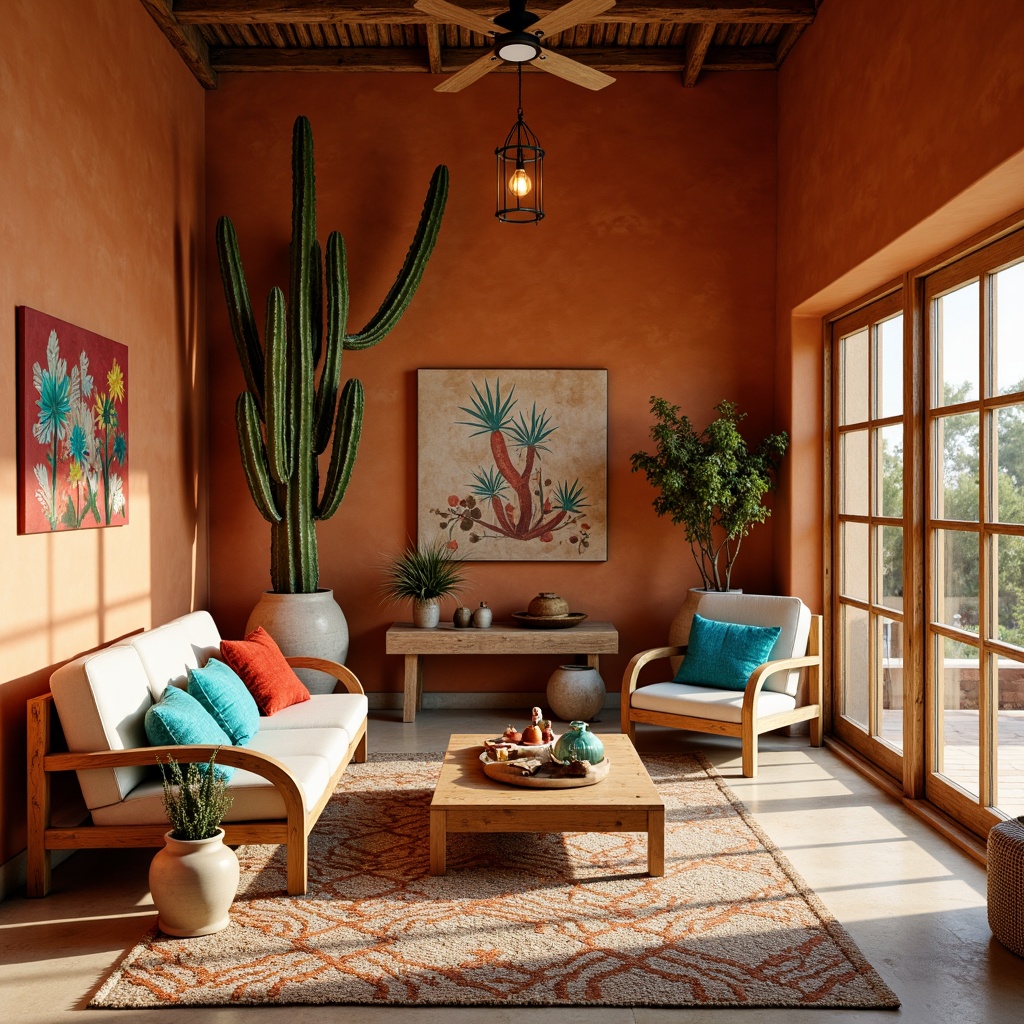 Prompt: Vibrant Southwestern interior, earthy terracotta walls, turquoise accents, sandy beige floors, woven wool textiles, geometric patterned rugs, natural wood furniture, rustic metal decor, pendant lanterns, warm golden lighting, soft focus, shallow depth of field, 2/3 composition, intimate atmosphere, cozy nooks, plush throw pillows, cacti plants, desert-inspired artwork, bold colorful ceramics, handmade pottery, distressed wooden accents.