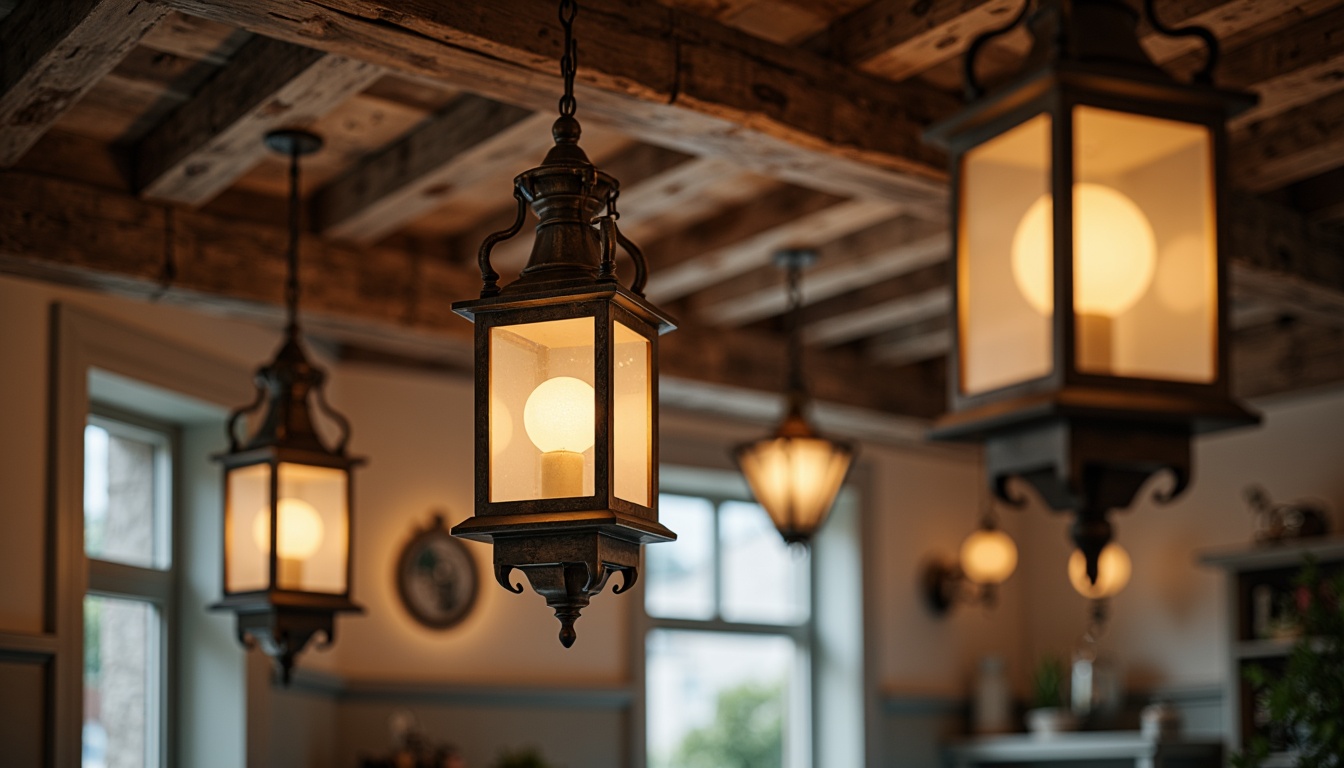 Prompt: Distressed wooden chandeliers, soft warm candlelight, vintage metal lanterns, frosted glass pendant lights, ornate metal fixtures, rustic wooden beams, worn brick walls, distressed finishes, pastel color palette, soft focus, natural textures, subtle warm glow, morning sunlight, atmospheric mist, 1/1 composition, realistic renderings, subtle DOF.