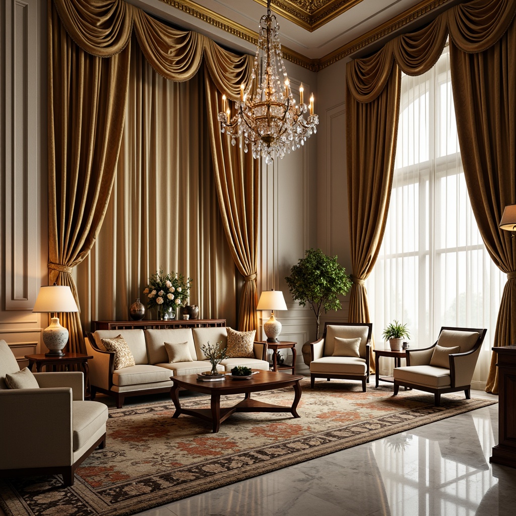 Prompt: Luxurious velvet fabrics, rich brocade patterns, elegant silk textures, ornate gold accents, sophisticated cream colors, refined wood furniture, intricately carved decorations, lavish crystal chandeliers, opulent marble floors, stately columns, grandiose archways, majestic high ceilings, abundant natural light, warm soft lighting, 1/1 composition, shallow depth of field, realistic textures, ambient occlusion.