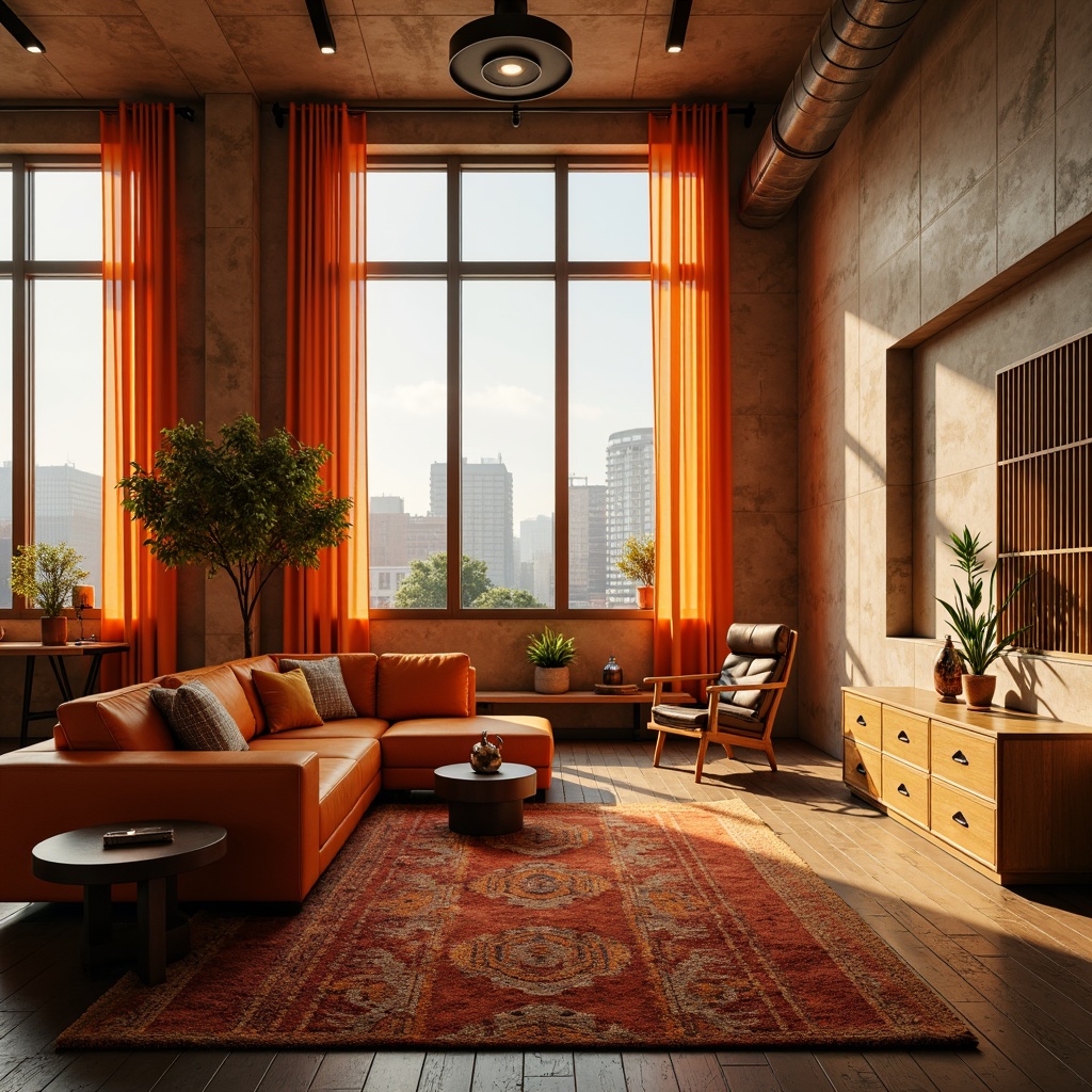 Prompt: Vibrant tangerine hue, warm beige accents, natural wood textures, cozy living room setting, modern minimalist decor, sleek low-profile furniture, bold patterned rugs, industrial metal lighting fixtures, urban loft atmosphere, dramatic floor-to-ceiling windows, cityscape views, soft warm glow, 1/2 composition, cinematic lighting, realistic reflections.