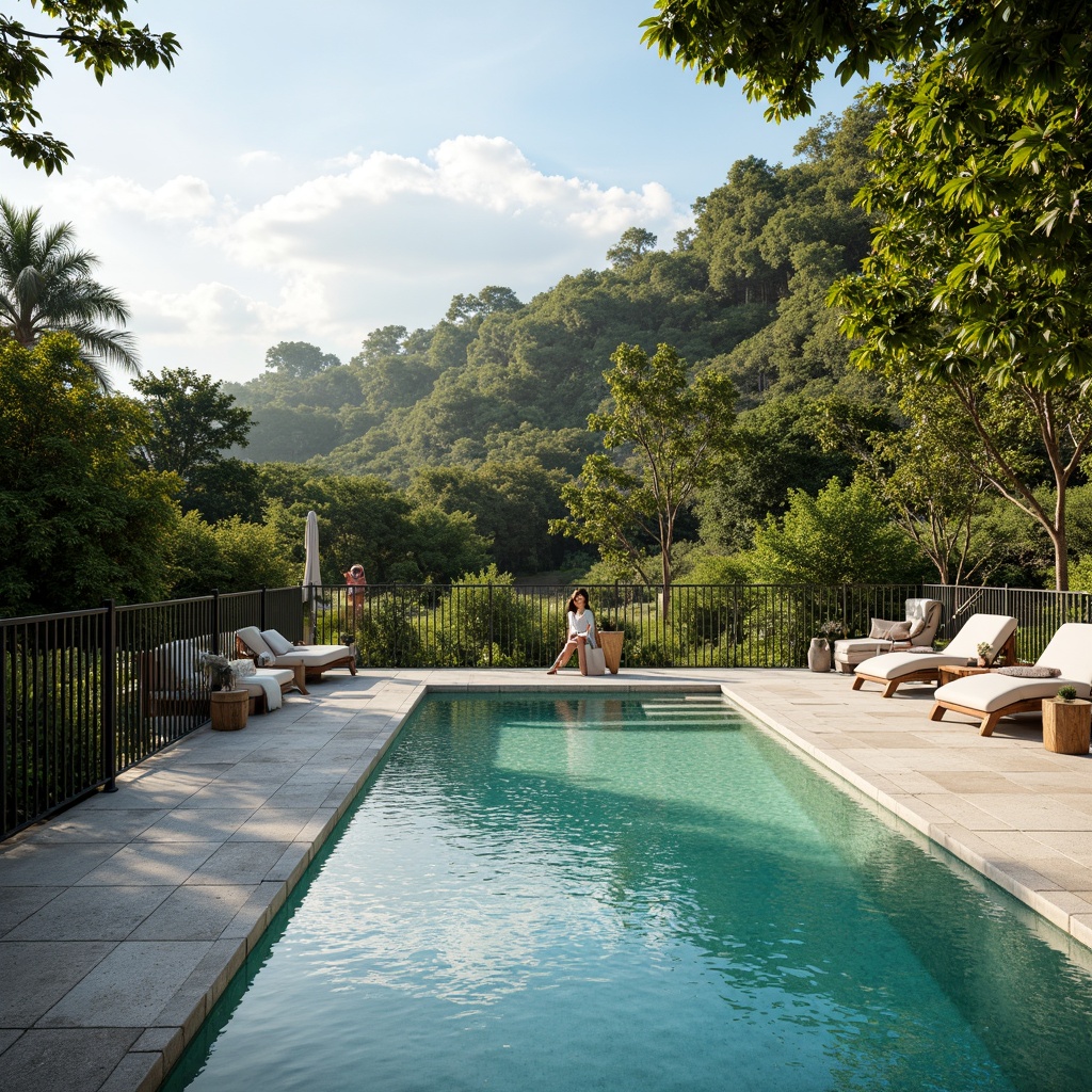 Prompt: Simple rectangular pool, calm turquoise water, natural stone decking, minimalist lounge chairs, sleek metal railings, abundant greenery, tropical plants, sunny day, soft warm lighting, shallow depth of field, 3/4 composition, panoramic view, realistic textures, ambient occlusion.