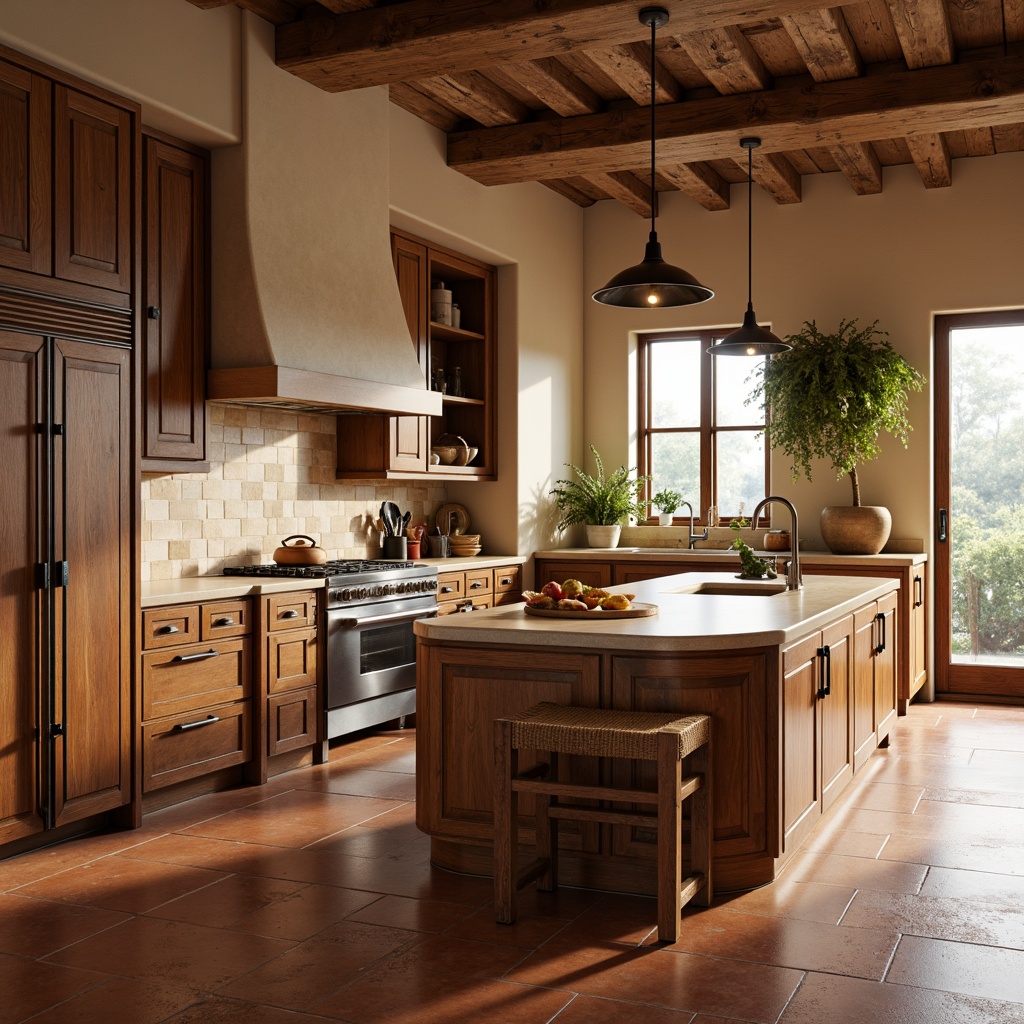 Prompt: Warm wooden cabinetry, earthy terracotta flooring, soft creamy countertops, vintage metal hardware, rustic exposed beams, natural stone backsplashes, warm beige walls, rich walnut island, cozy pendant lighting, soft morning sunlight, shallow depth of field, 2/3 composition, realistic textures, ambient occlusion, warm color harmony, nature-inspired accents, distressed wood finishes, earthy scent, inviting atmosphere.