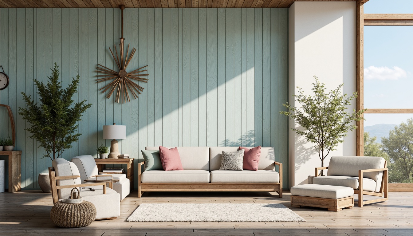 Prompt: Rustic farmhouse, weathered wood accents, driftwood gray tones, soft seafoam whites, calming blues, sandy neutrals, natural textures, vintage nautical decor, distressed finishes, organic shapes, earthy undertones, warm sunny lighting, shallow depth of field, 1/1 composition, realistic renderings.