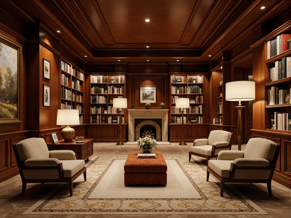 Prompt: Elegant library interior, rich wood tones, comfortable seating areas, floor lamps, classic bookshelves, warm beige carpeting, plush armchairs, velvet ottomans, wooden coffee tables, ornate metal frames, sophisticated artwork, subtle patterned rugs, soft warm lighting, 1/2 composition, realistic textures, ambient occlusion.