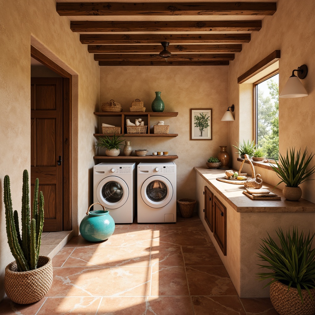 Prompt: Southwestern-inspired laundry room, Saltillo tile flooring, warm beige tones, terracotta accents, rustic wooden cabinets, woven basket storage, vibrant turquoise decor, cactus plants, natural stone countertops, earthy color palette, warm sunny lighting, shallow depth of field, 1/1 composition, realistic textures, ambient occlusion.