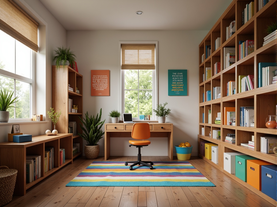 Prompt: Academic kids' room, wooden desk, ergonomic chair, bookshelves, colorful storage bins, inspirational quotes, educational posters, vibrant area rug, cozy reading nook, built-in cabinetry, soft warm lighting, shallow depth of field, 1/1 composition, realistic textures, ambient occlusion.