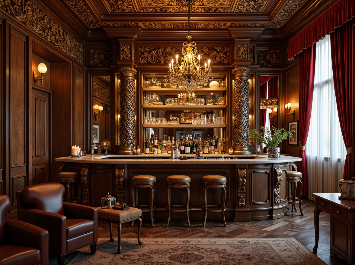 Prompt: Richly ornamented home bar, intricately carved wooden cabinets, ornate metalwork, lavish velvet drapes, warm golden lighting, luxurious leather upholstery, antique furniture pieces, Renaissance-inspired architecture, grand chandeliers, marble countertops, elegant glassware, crystal decanters, rich wood tones, subtle texture overlays, shallow depth of field, 1/1 composition, soft focus effect, realistic reflections.