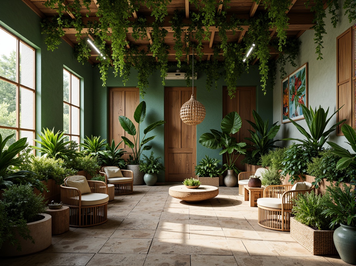 Prompt: Lush green walls, overflowing planters, natural stone flooring, reclaimed wood accents, earthy tone color palette, tropical plants, hanging vines, botanical prints, warm soft lighting, cozy reading nooks, woven wicker furniture, rattan decorative elements, organic shapes, serene ambiance, natural ventilation, calming atmosphere, 1/1 composition, shallow depth of field, realistic textures.