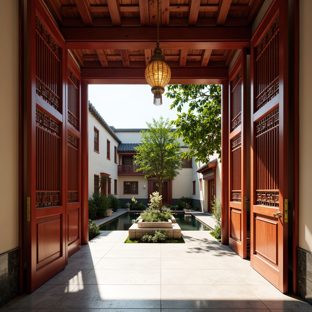 Prompt: Traditional Chinese architecture, intricately carved wooden doors, ornate lanterns, vibrant red accents, golden hardware, warm beige walls, soft cream ceilings, rich brown wood tones, delicate ceramic tiles, lush greenery, serene water features, peaceful courtyard, gentle natural light, subtle shadows, 1/1 composition, realistic textures, ambient occlusion.