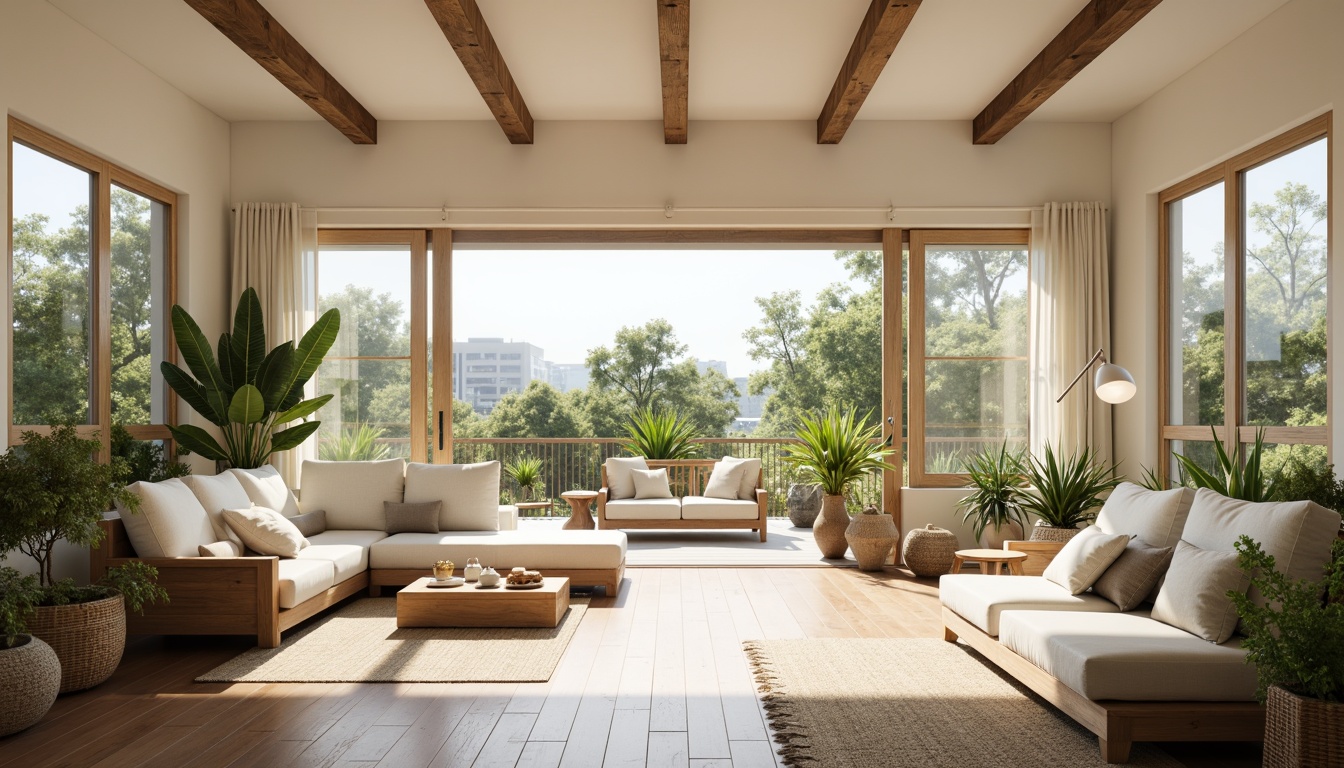 Prompt: Bright airy interior, large windows, sliding glass doors, minimalist decor, neutral color palette, polished wooden floors, creamy white walls, greenery accents, potted plants, natural textiles, woven baskets, earthy tone furniture, soft warm lighting, ambient shadows, shallow depth of field, 1/1 composition, realistic materials, subtle reflections.