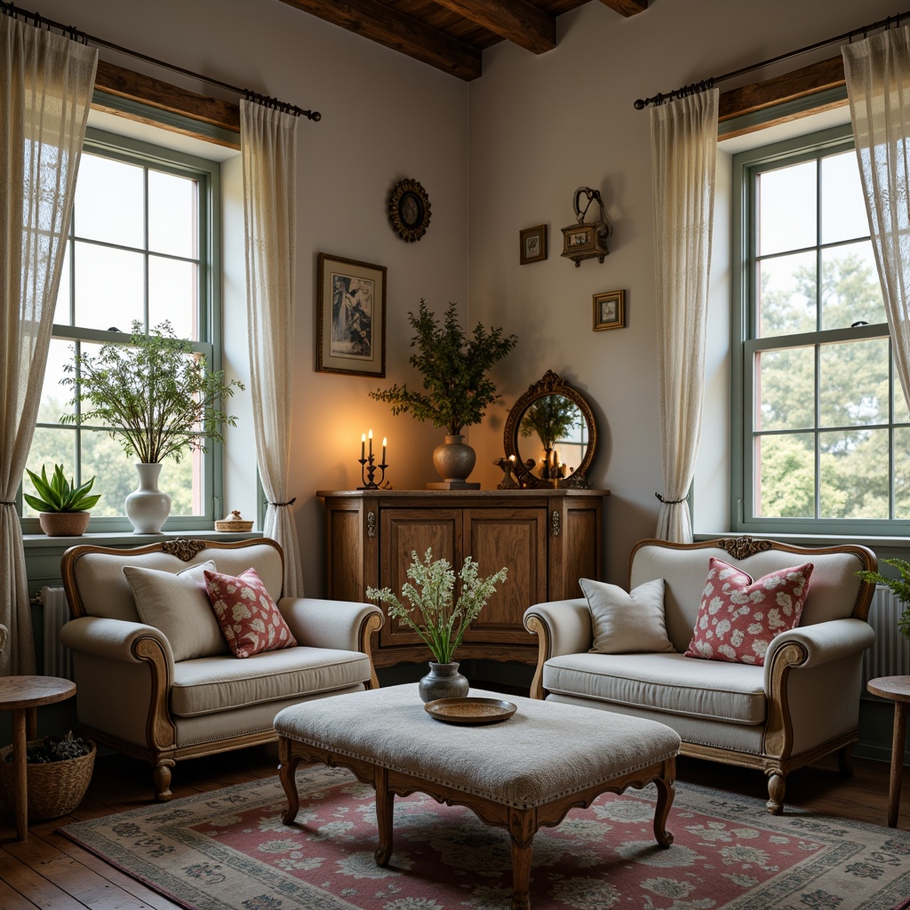 Prompt: Distressed wooden furniture, vintage armchairs, soft pastel colors, lace curtains, floral patterns, velvet sofas, antique decorations, ornate mirrors, rustic coffee tables, worn leather ottomans, distressed finishes, natural textiles, cozy throw blankets, warm candlelight, soft focus, shallow depth of field, 1/2 composition, intimate atmosphere, rustic charm.