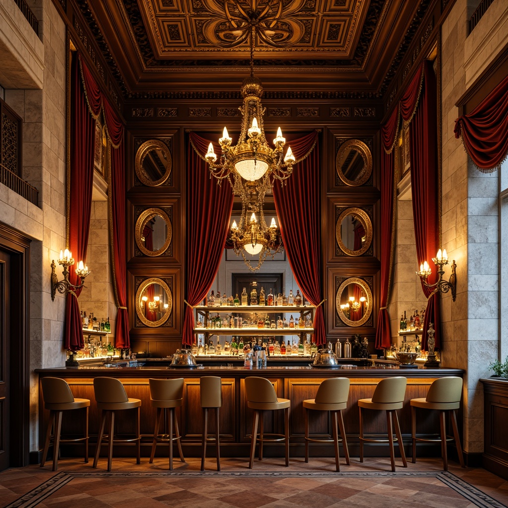 Prompt: Ornate Bar counter, intricately carved wooden panels, rich velvet drapes, gilded ornamental mirrors, ornamental chandeliers, luxurious marble countertops, antique bronze fixtures, warm golden lighting, rustic stone walls, classic Renaissance-inspired architecture, grandeur atmosphere, shallow depth of field, 1/2 composition, realistic textures, ambient occlusion.