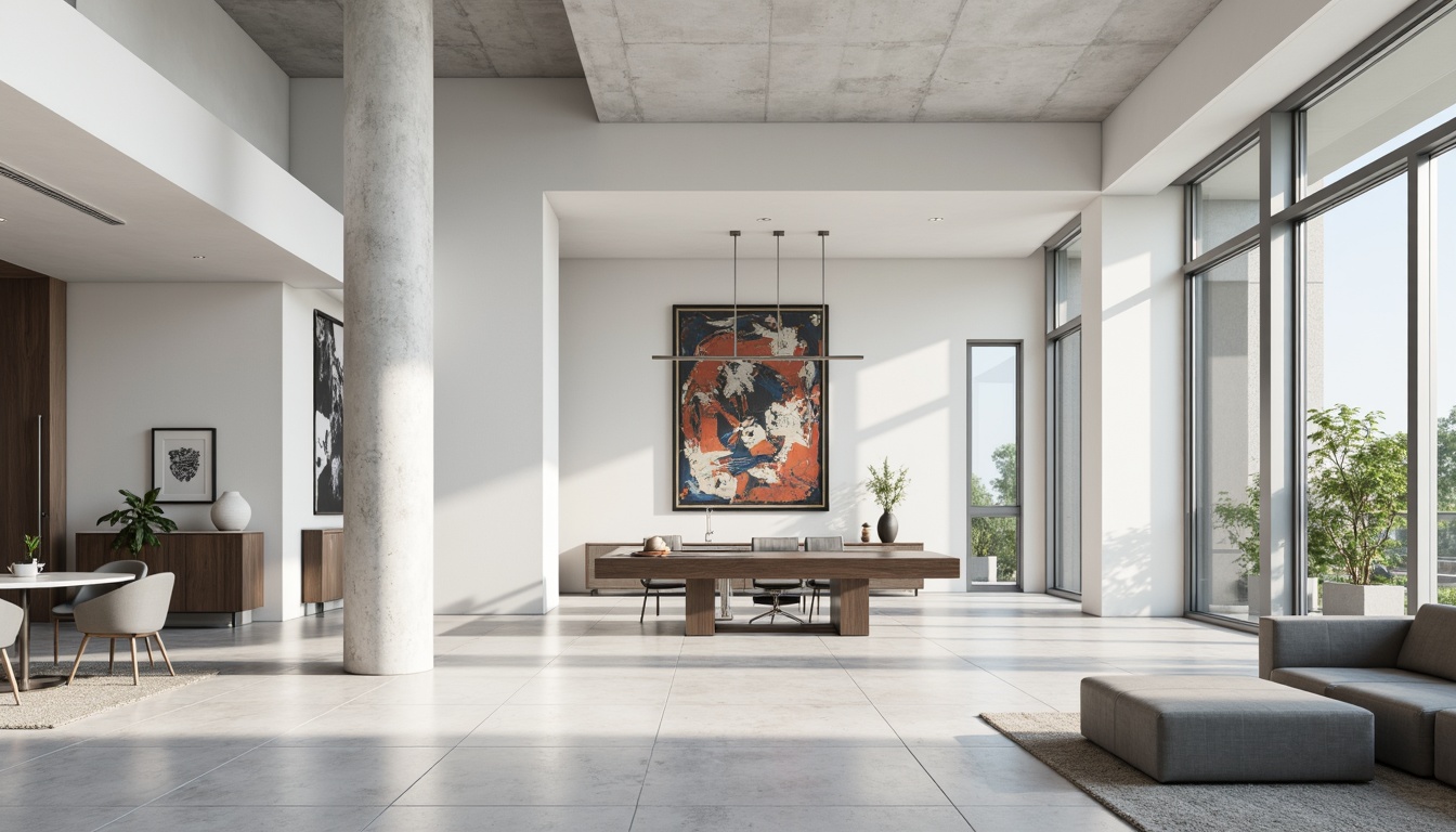 Prompt: Streamlined modern interior, smooth walls, minimalist aesthetic, monochromatic color scheme, matte finishes, subtle textures, geometric patterns, metallic accents, sleek lines, contemporary artwork, floor-to-ceiling windows, natural light, softbox lighting, 1/1 composition, realistic renderings, ambient occlusion.