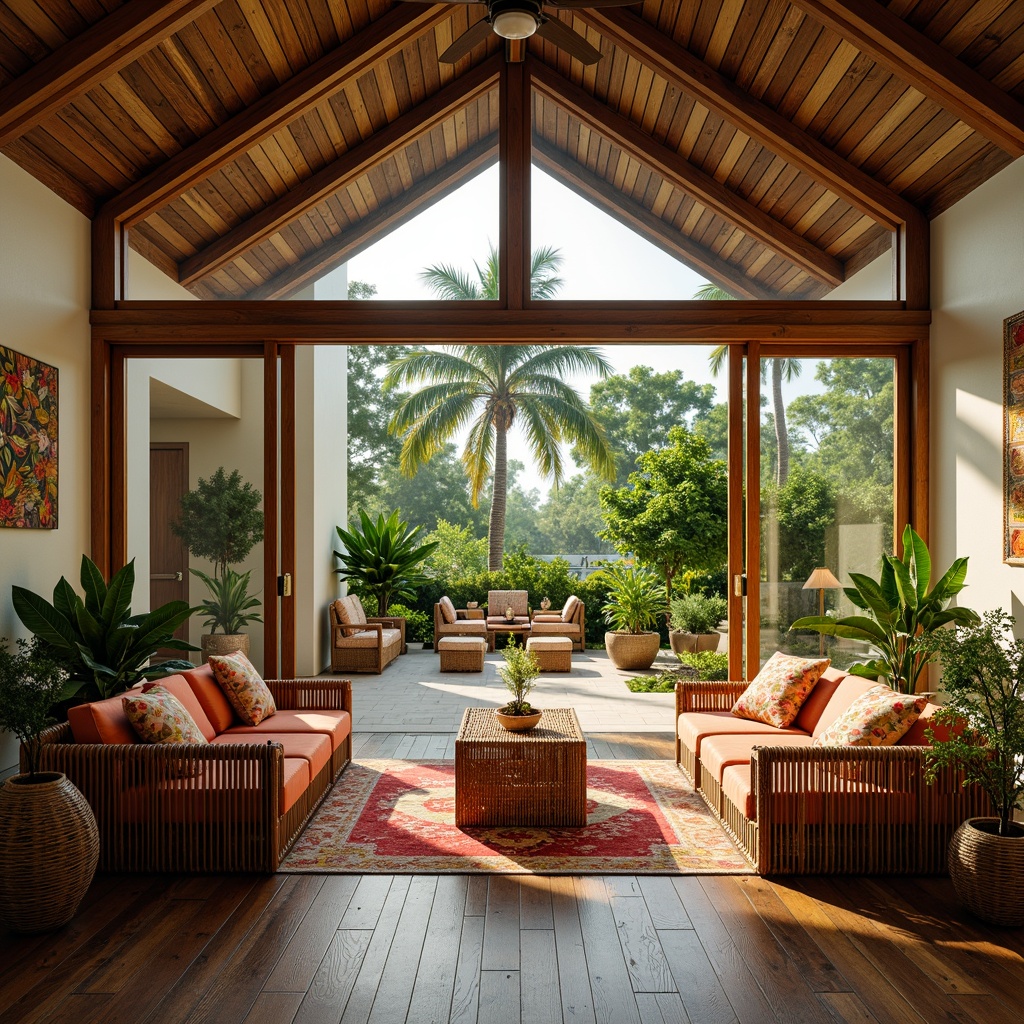 Prompt: Tropical interior, high ceilings, large windows, sliding glass doors, natural ventilation, wooden accents, woven bamboo furniture, rattan decorations, lush greenery, potted plants, bright colorful textiles, exotic patterns, ambient lighting, warm beige tones, rustic wood floors, ceiling fans, airy atmosphere, soft breeze, natural materials, organic shapes, earthy color palette, abundant daylight, 1/2 composition, shallow depth of field, realistic textures, subtle shading.