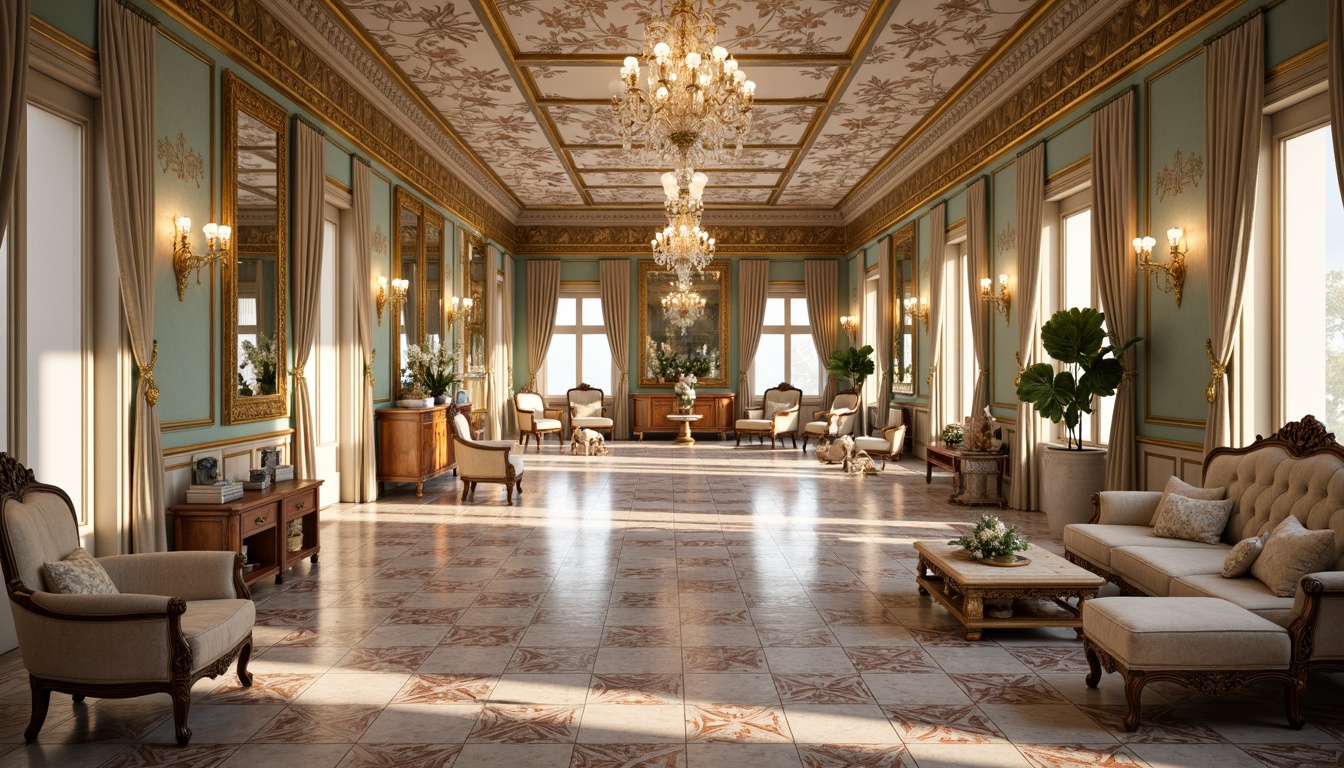 Prompt: Ornate Rococo-style interior, luxurious golden accents, intricately patterned tile floors, soft pastel hues, ornamental mirrors, crystal chandeliers, velvet upholstered furniture, curved lines, whimsical shell motifs, delicate florals, richly textured fabrics, lavish drapery, warm candlelight, shallow depth of field, 1/1 composition, realistic reflections, ambient occlusion.