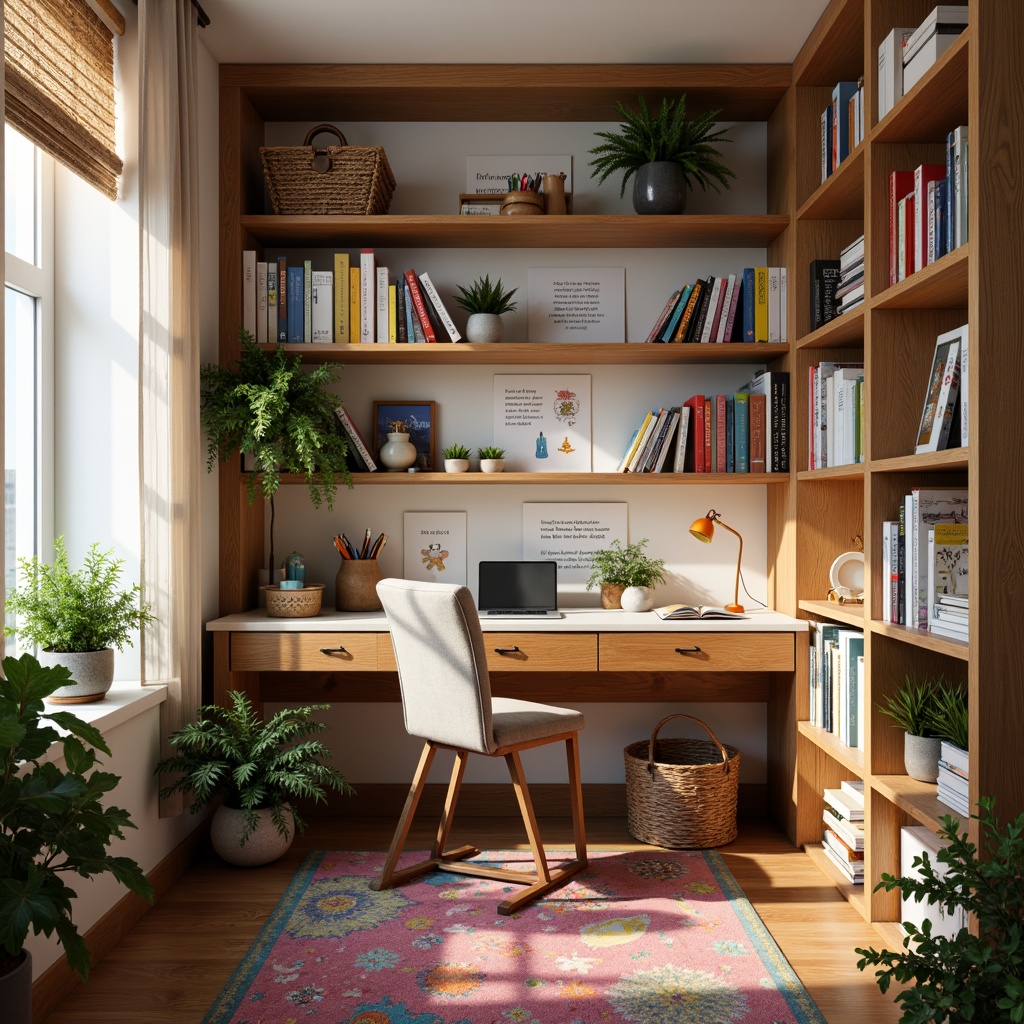 Prompt: Cozy study nook, wooden desk, comfortable cushioned chair, built-in bookshelves, soft warm lighting, natural oak wood tone, colorful pens and pencils, inspirational quotes, motivational posters, educational charts, fun learning toys, vibrant rugs, playful curtains, creative artwork displays, ergonomic laptop stand, noise-cancelling headphones, calming plants, soothing pastel colors, organized storage bins, flexible floor lamps, whimsical wall decals, stimulating brain teasers.