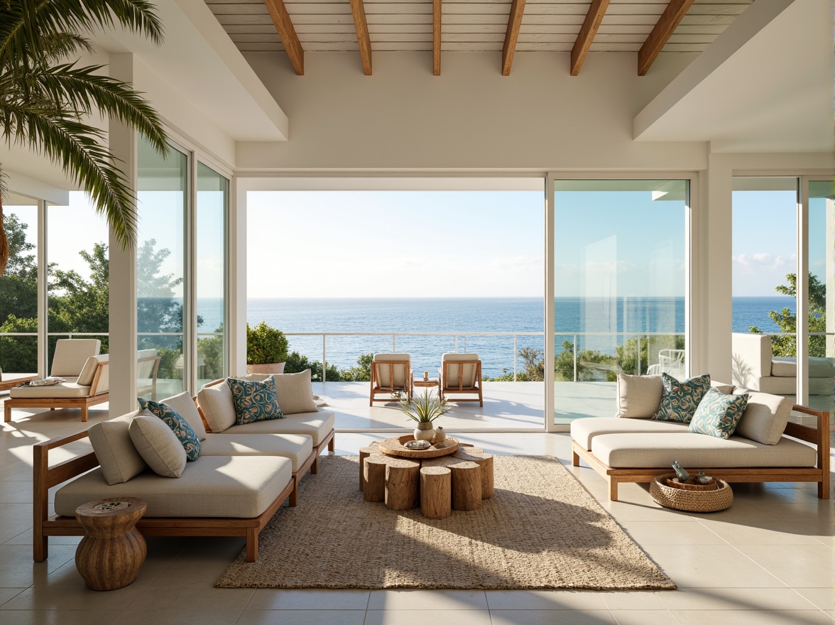 Prompt: Coastal living room, large windows, sliding glass doors, ocean views, natural light pouring in, soft warm glow, creamy white walls, weathered wood accents, driftwood furniture, sea-inspired color palette, calming blues and whites, coral patterns, woven sea grass textiles, shells and pebbles decor, minimal ornamentation, airy feel, unobstructed views, 1/1 composition, soft focus, gentle shadows, natural textures, subtle reflections.