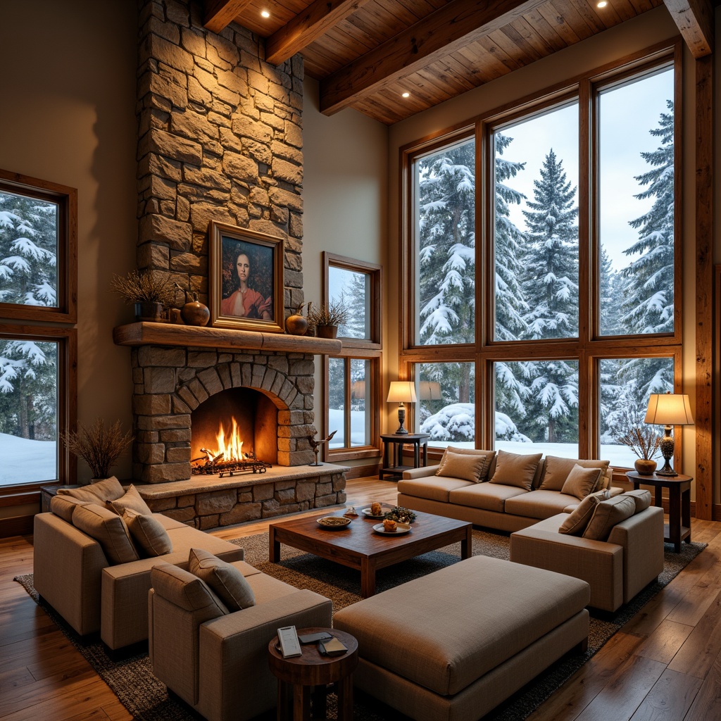 Prompt: Warm great room, rustic stone fireplace, crackling flames, plush sectional sofas, soft cushions, rich wood accents, natural textiles, warm beige walls, high ceilings, large windows, snow-covered trees, winter scenery, cozy atmosphere, soft golden lighting, shallow depth of field, 1/1 composition, realistic textures, ambient occlusion.