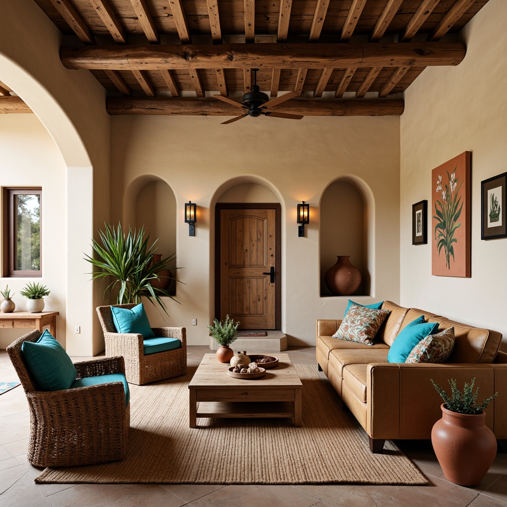 Prompt: Earthy southwestern living room, rustic wooden furniture, distressed leather sofas, woven wicker chairs, vibrant turquoise accents, patterned textiles, natural jute rugs, earthy terracotta vases, desert-inspired botanical prints, warm bronze lighting, chunky wooden coffee tables, plush throw pillows, vintage Native American-inspired decor, soft warm beige walls, cozy corner nooks, 1/2 composition, natural light, relaxed atmosphere.