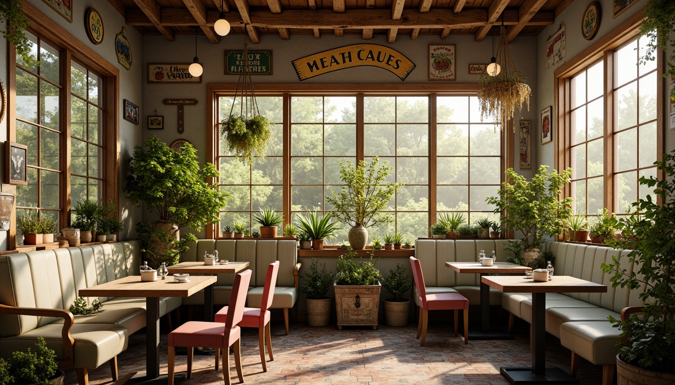 Prompt: Whimsical breakfast nook, eclectic decor, distressed wood accents, vintage metal signs, pastel-colored ceramic tiles, mismatched antique furniture, lush greenery, floral patterns, warm golden lighting, soft morning glow, shallow depth of field, 1/1 composition, panoramic view, realistic textures, ambient occlusion.Let me know if this meets your requirements!