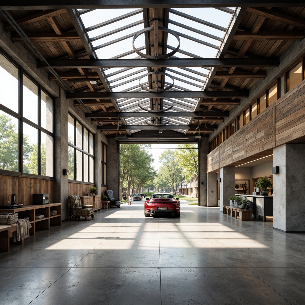 Prompt: Spacious garage interior, abundant natural light, clerestory windows, skylights, translucent roof panels, polished concrete floors, minimalist decor, industrial metal beams, rustic wood accents, modern overhead doors, sleek aluminum frames, ample storage spaces, organized tool zones, neutral color palette, soft warm lighting, shallow depth of field, 1/2 composition, panoramic view, realistic textures, ambient occlusion.