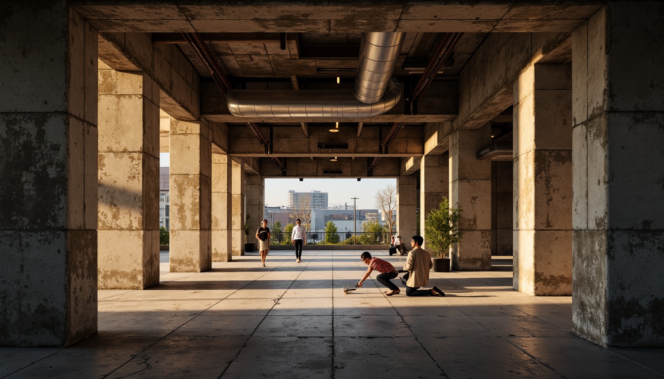 Prompt: Rugged brutalist architecture, raw concrete textures, industrial-style lighting fixtures, exposed ductwork, metallic beams, urban cityscape backdrop, dramatic shadows, warm golden lighting, softbox diffusion, high-contrast ratio, 2.35