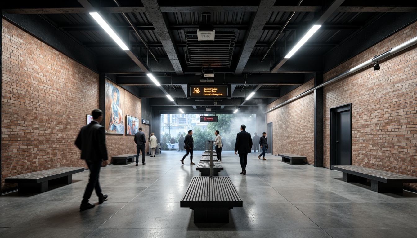 Prompt: Urban metro station, industrial chic aesthetic, exposed brick walls, metal beams, concrete floors, futuristic LED lighting, sleek modern signage, stainless steel handrails, industrial-style benches, urban cityscape views, rush hour atmosphere, morning commute, natural stone accents, minimalist design, functional architecture, geometric patterns, metallic textures, high-contrast colors, dramatic shadows, 1/1 composition, low-angle shot, atmospheric mist, realistic rendering.