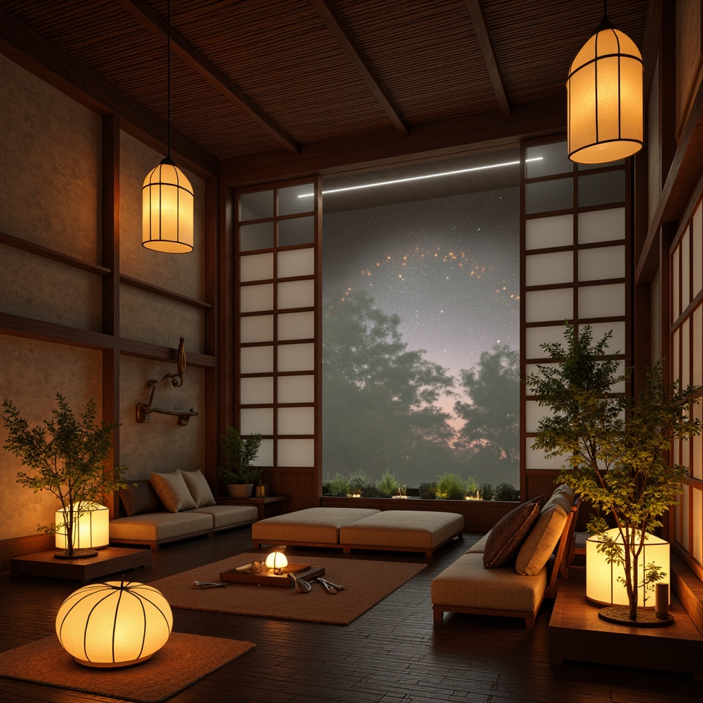 Prompt: Traditional Japanese lanterns, natural stone walls, wooden accents, sliding shoji screens, tatami floors, minimalist decor, bamboo furniture, paper lantern ceilings, warm soft lighting, misty atmospheric effects, subtle color palette, earthy tones, celestial projections, starry night sky, nebulae displays, astronomical instruments, ancient Asian astrology elements, intricate wooden carvings, natural textiles, organic shapes, harmony with nature, serene ambiance, shallow depth of field, 1/2 composition, realistic textures, ambient occlusion.