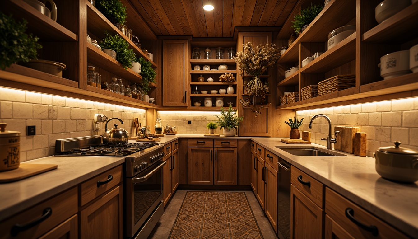 Prompt: Warm pantry, soft warm lighting, LED strip lights, under-cabinet illumination, ambient glow, natural wood tones, earthy color palette, rustic metal accents, farmhouse-style decor, vintage appliances, ceramic tiles, glass jars, wooden shelves, woven baskets, cozy nooks, 3/4 composition, shallow depth of field, realistic textures.