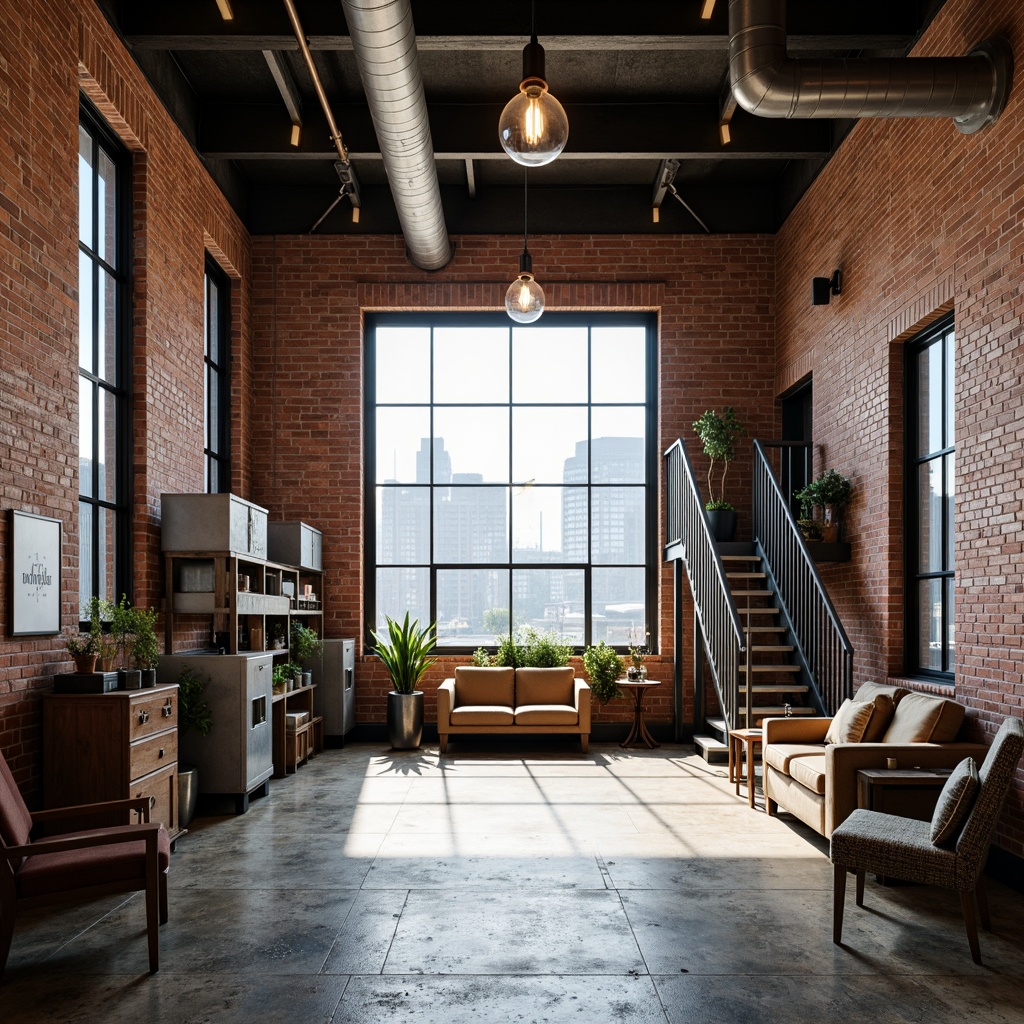 Prompt: Exposed brick walls, metal beams, industrial lighting fixtures, reclaimed wood floors, vintage manufacturing equipment, distressed concrete textures, urban cityscape views, converted warehouse spaces, modern minimalist decor, functional metal staircases, exposed ductwork, Edison bulb pendant lights, rustic metal accents, utilitarian furniture pieces, neutral color palette, high ceilings, open floor plans, natural light pouring in, shallow depth of field, 1/1 composition, realistic metallic reflections.