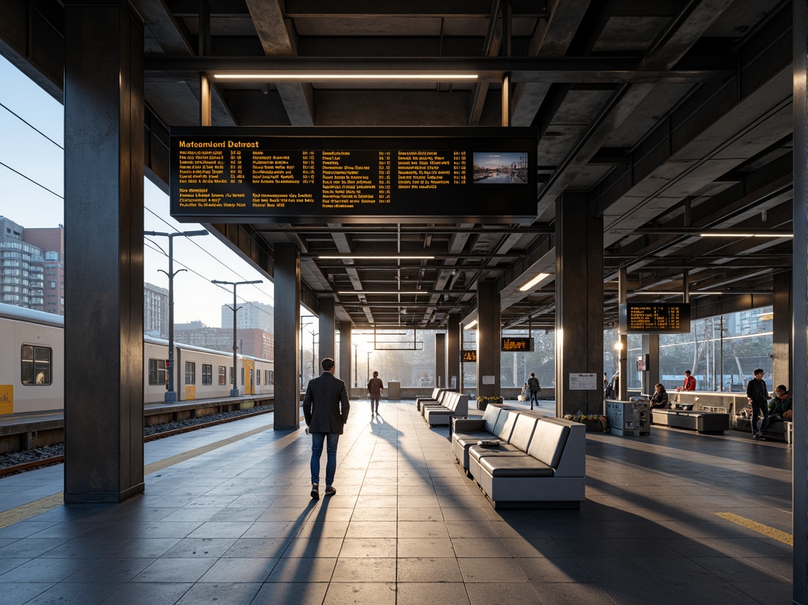 Prompt: Clean train station interior, modern minimalist signage, sleek fonts, simple color scheme, subtle branding, intuitive wayfinding, LED displays, real-time schedules, silent announcements, spacious platforms, natural stone floors, steel beams, ample seating, urban cityscape views, morning commute atmosphere, soft diffused lighting, shallow depth of field, 1/1 composition, realistic reflections, ambient occlusion.